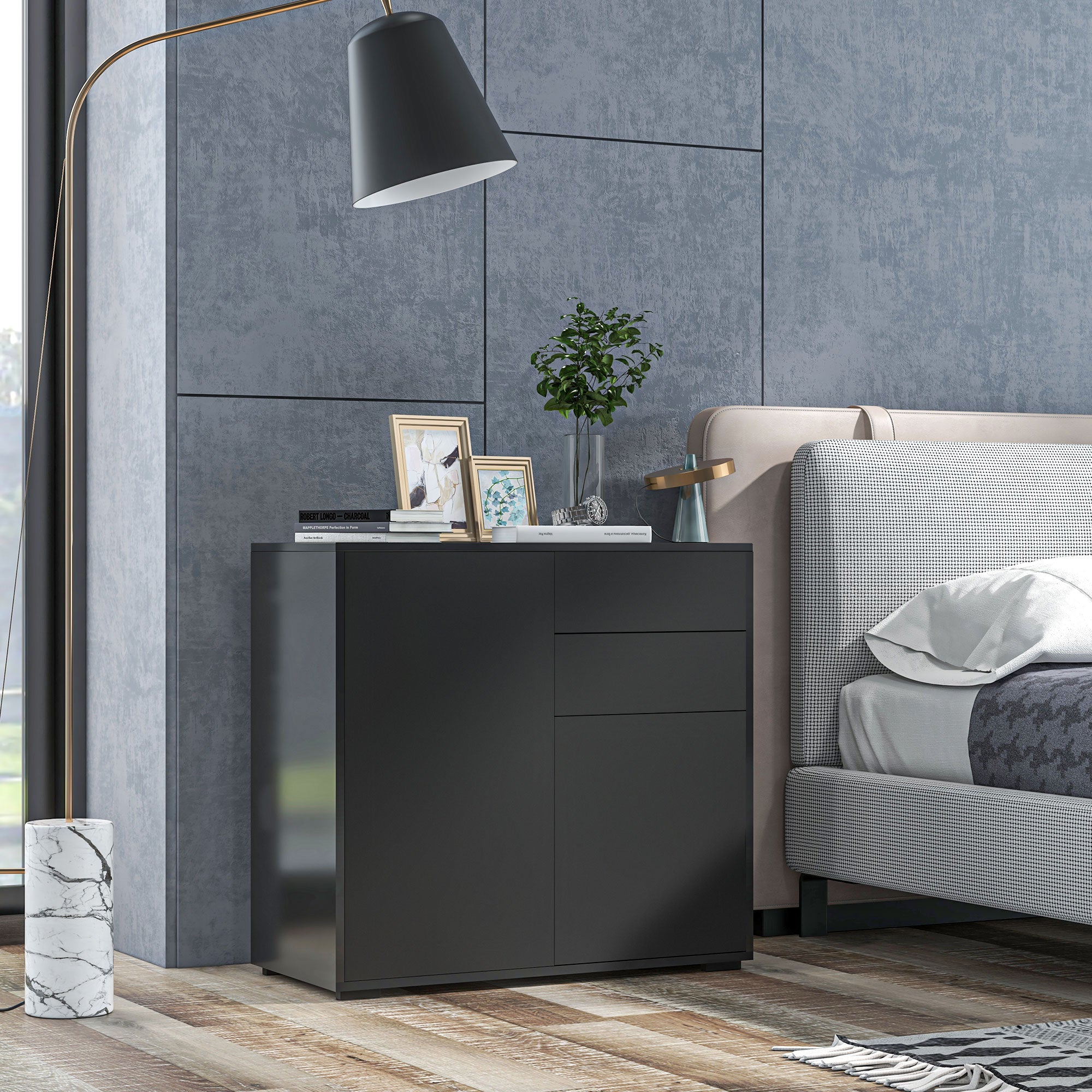 HOMCOM Aufbewahrungsschrank mit 2 Schubladen, 2 Türen, mit Kippschutz, für Wohnzimmer, Schlafzimmer, 79 x 36 x 74 cm, Schwarz