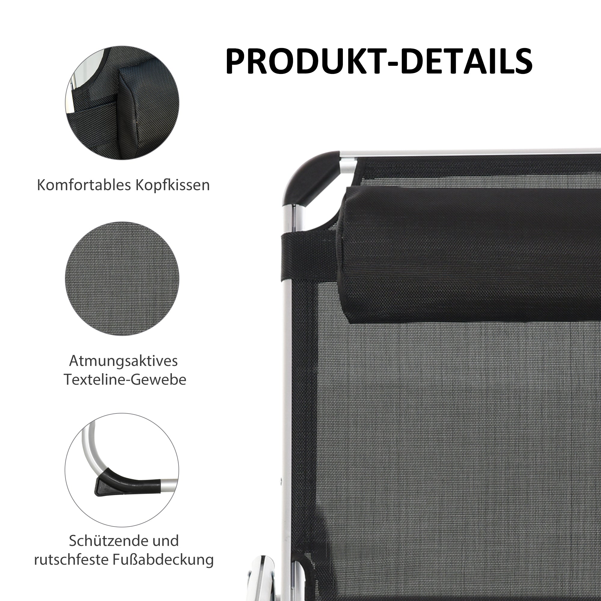 Outsunny Sonnenliege faltbar Gartenliege mit Kopfkissen Liegestuhl mit der 4-stufig verstellbaren Rückenlehne Campingliege bis 120 kg belastbar für Outdoor-Park, Garten, Schwarz