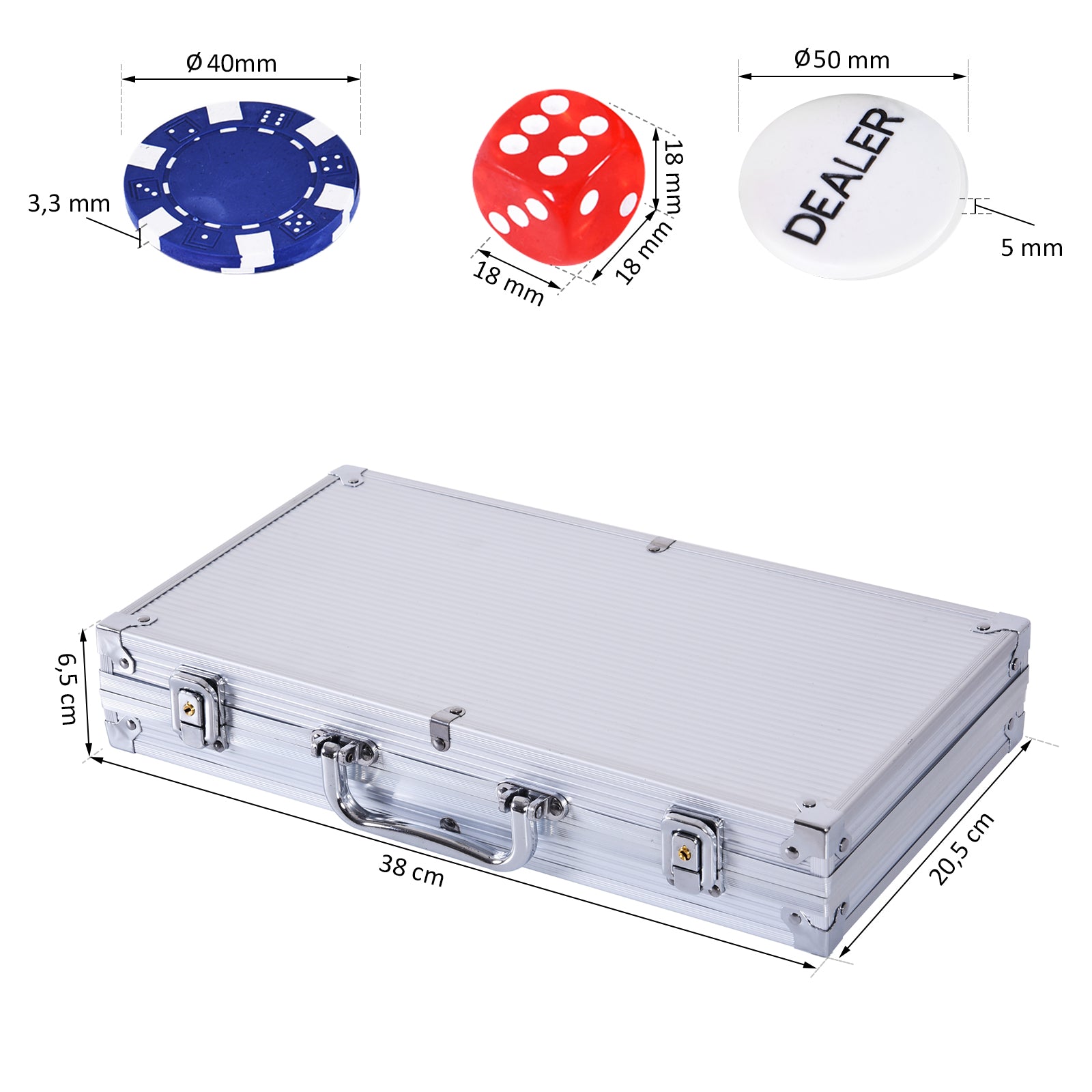 HOMCOM Pokerkoffer abschließbar Pokerset mit Koffer 300 Chips 5 Würfel 2 Kartendecks Zubehör, Pokerchips Komplett Set Pokerspiel Kartenspiele Aluminiumkoffer für Texas Hold'em, Blackjack