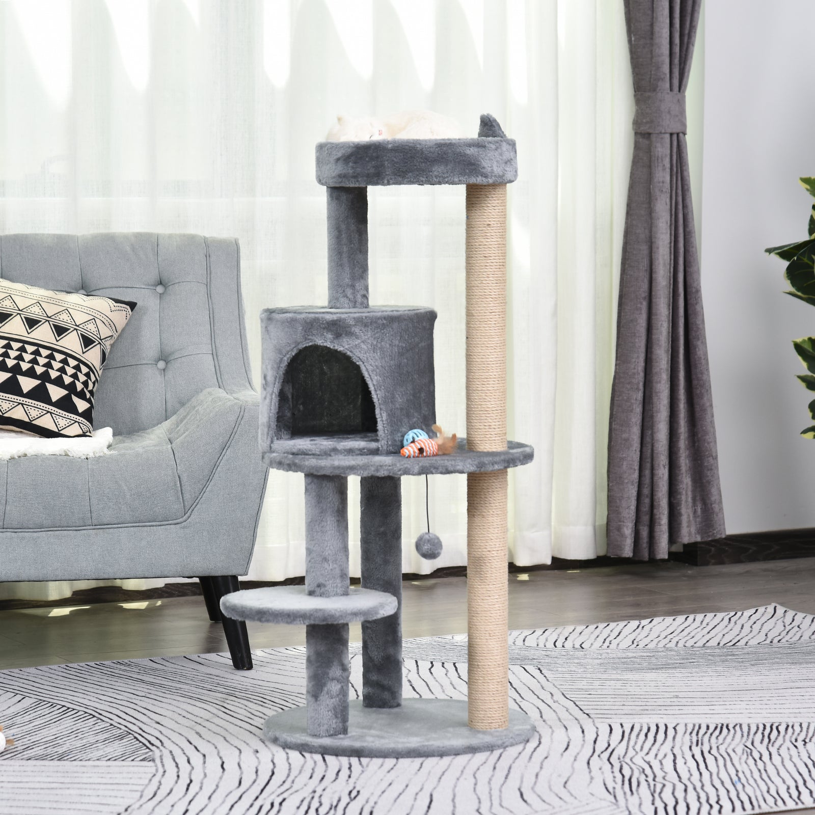 PawHut Katzenbaum 4-Stock Katzenhöhle Katzenhaus mit Spielbällen Sitzstange Sisalsäule und Kratzbrett groß stabil luxuriös Sisal Plüsch Grau 48x48x104 cm