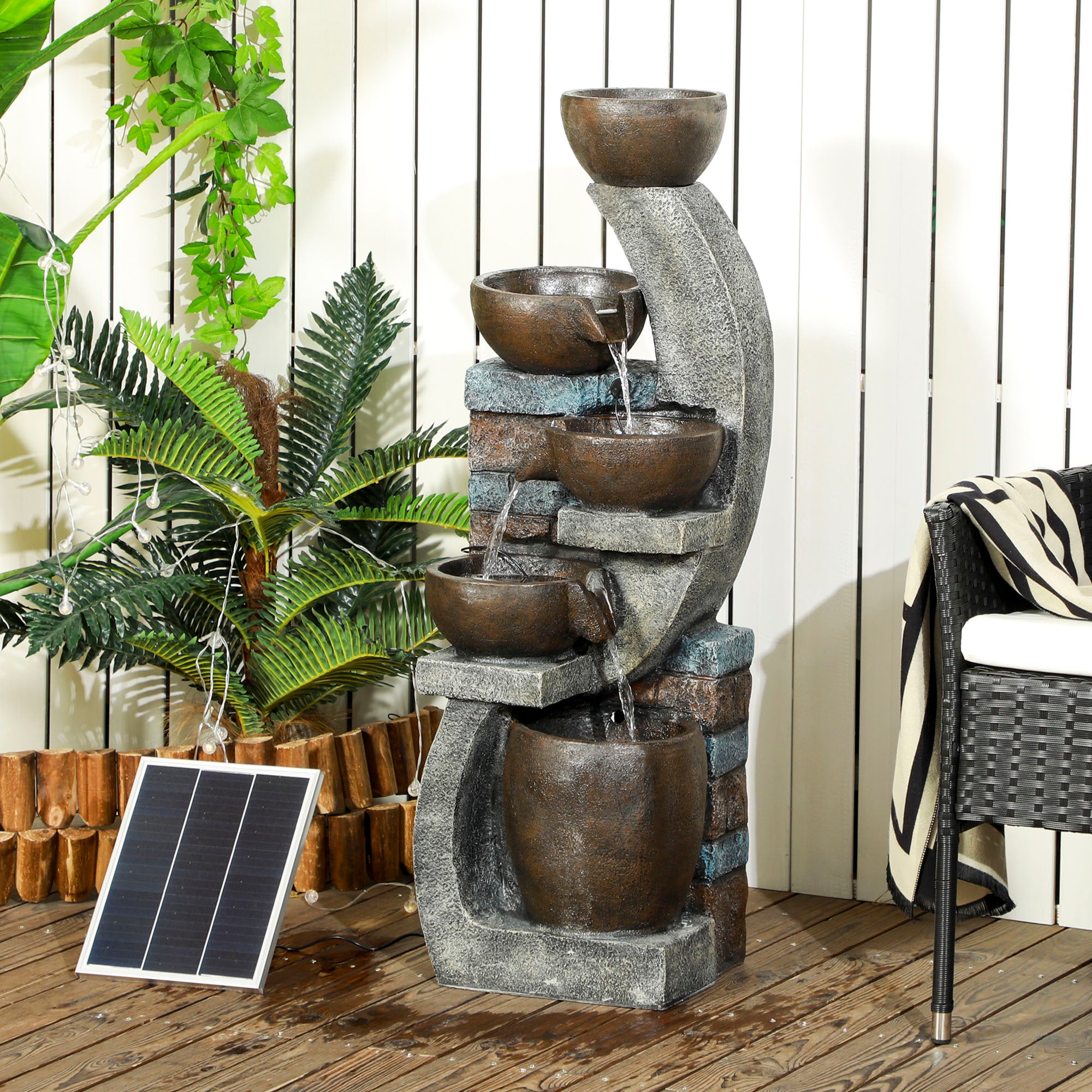 Outsunny Gartenbrunnen, Backsteinoptik, 5-stufig, Solarbetrieb, LEDs, 107cm, Kunstharz, Grau/Braun