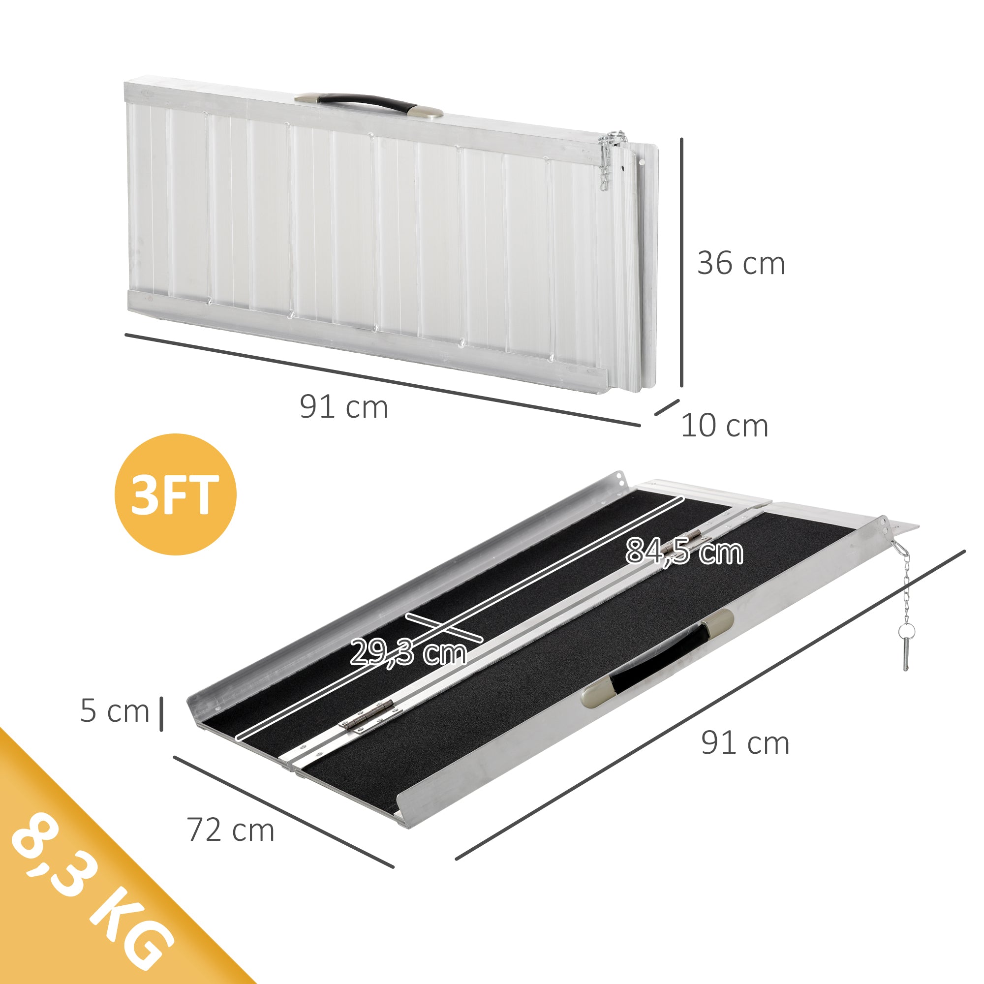 HOMCOM Rollstuhlrampe Auffahrrampe Rollstühle Rollatoren Faltbar Aluminium, 270 kg Belastbar, Schwarz, 91 x 72 x 5 cm