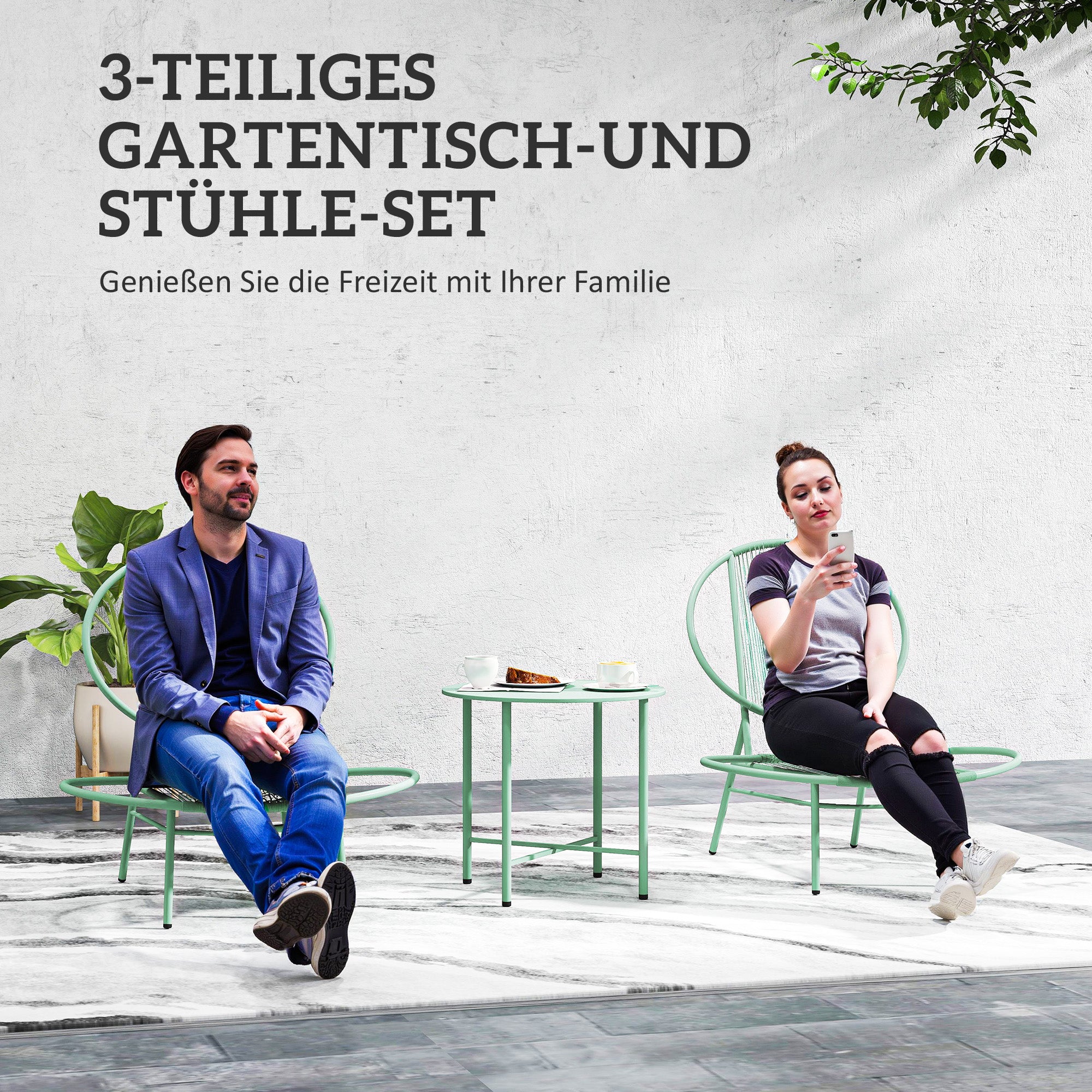 Outsunny Bistro-Set 3-teilig aus Polyrattan Wetterfest Gartenmöbel Set mit Bistrotisch Muschelförmige Gartenstühlen Grün