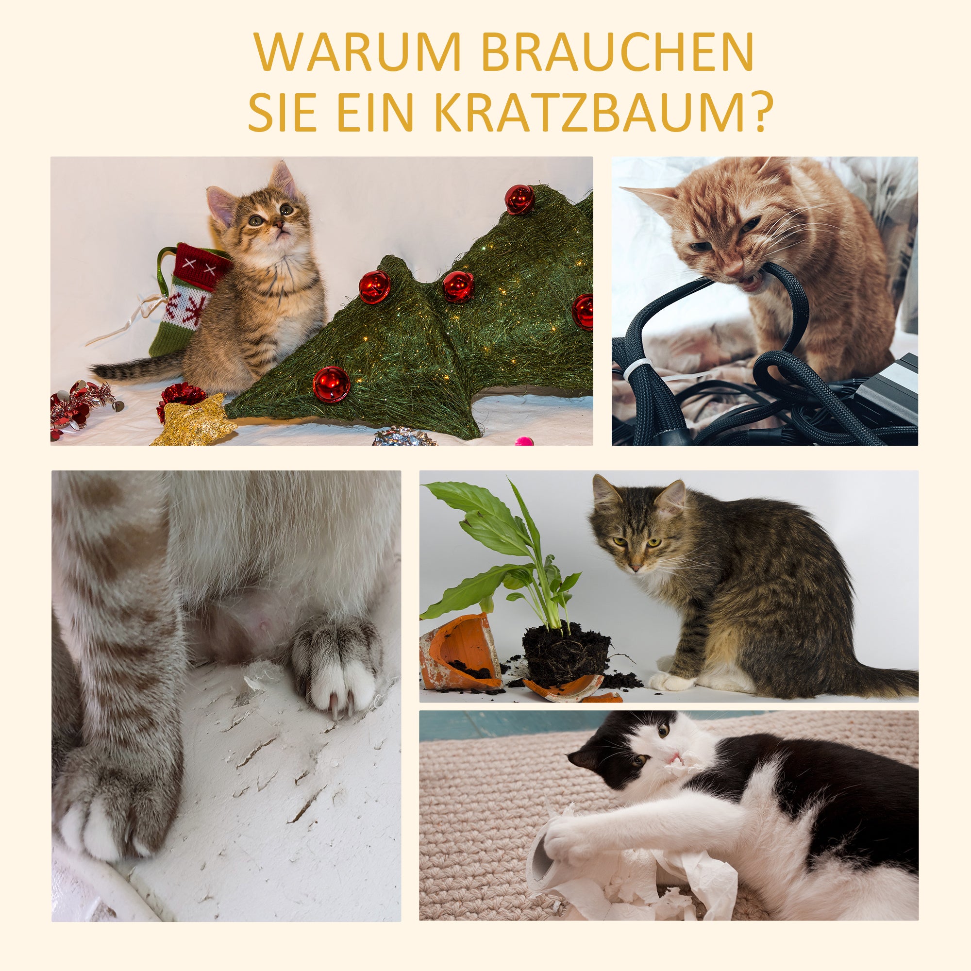 PawHut Kratzbaum Deckenhoch, 228-260 cm Höhenverstellbarer Katzenbaum Kletterbaum für Katzen mit 3 Ebenen, Katzenkratzbaum, Spielbaum vom Boden bis zur Decke Hellbraun