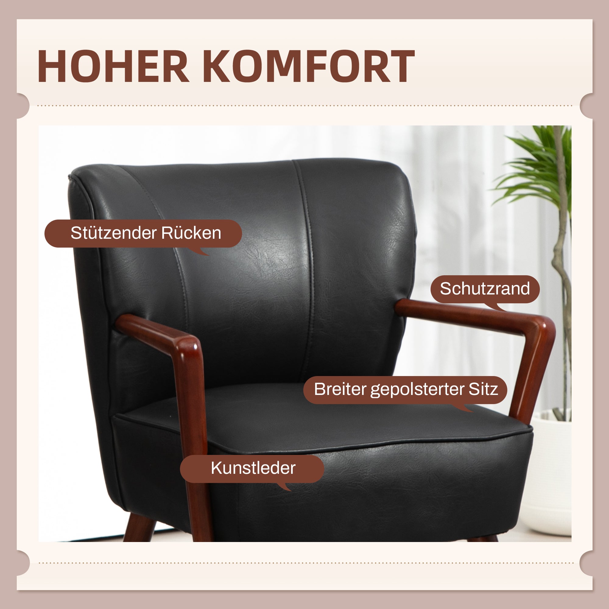 HOMCOM Akzentsessel, breiter Sitz, Lederoptik, Holzrahmen, bis 120 kg, 67x77x80 cm, Schwarz