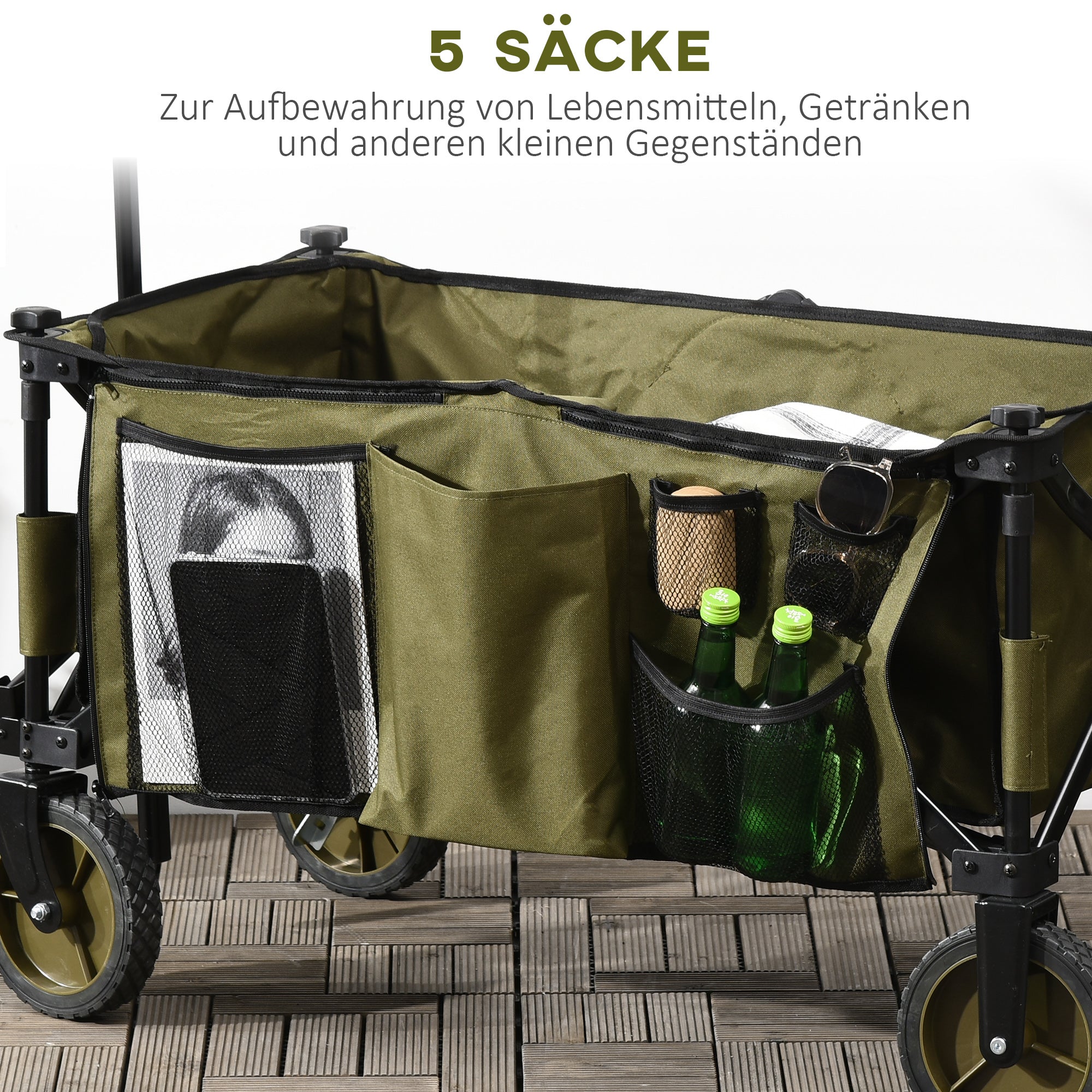 Outsunny Bollerwagen, klappbar, 5 Seitentaschen, verstellbarer Griff, bis 120 kg belastbar, Stahl, 108 x 55 x 93 cm, Grün