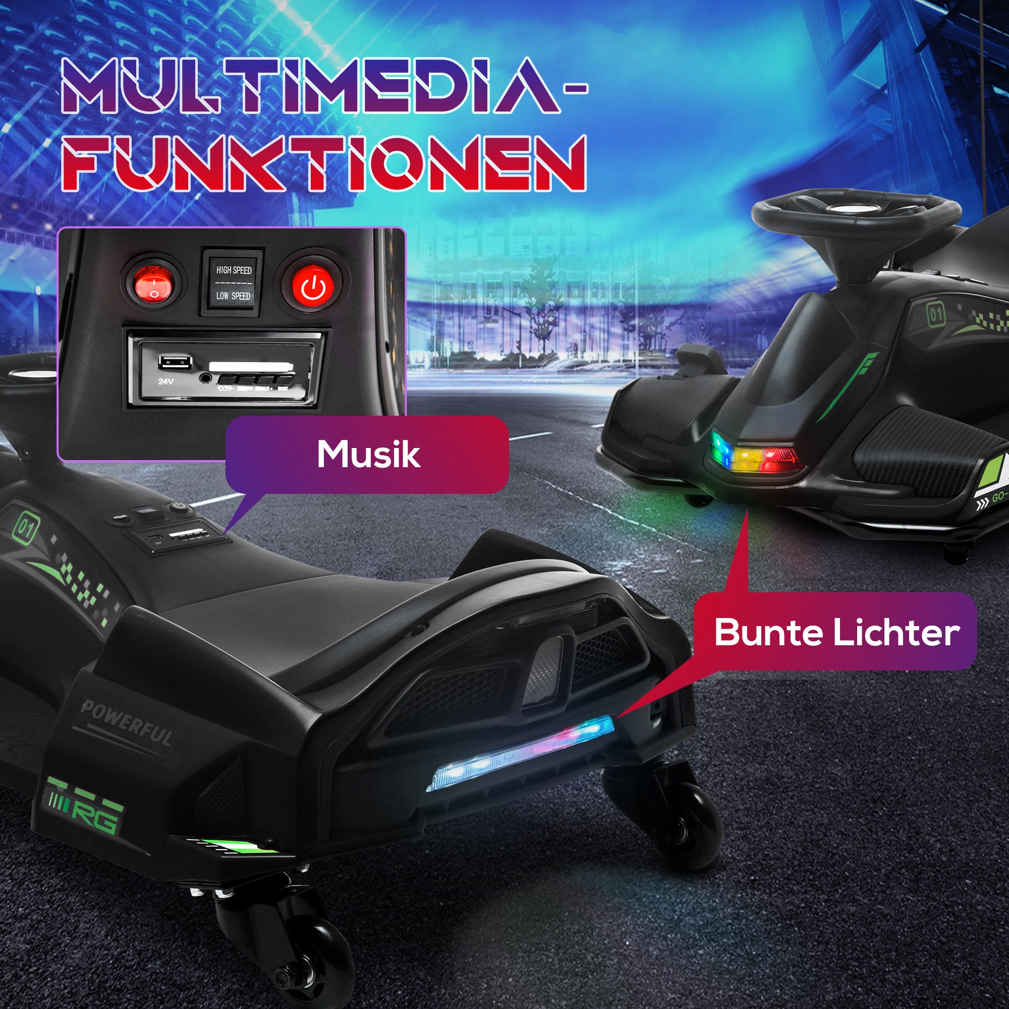 HOMCOM Elektrisches Go-Kart für Kinder, Gummiräder, 3-8 km/h, mit Lichtern und Musikfunktion, Schwarz