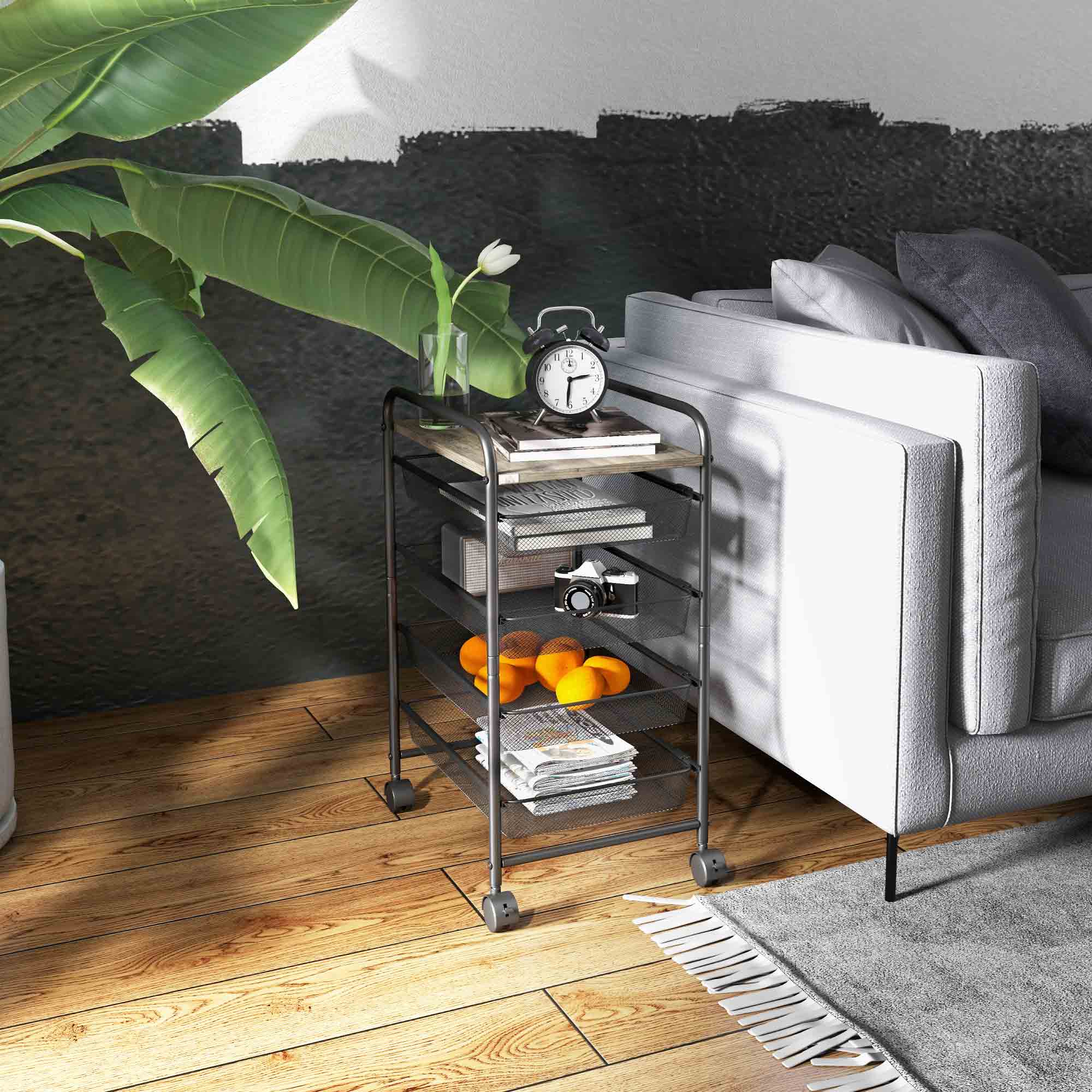 HOMCOM Rollwagen mit 4 Körben, Küchenwagen, 4 Räder mit 2 Bremsen, Allzweckwagen, Schwarz, 41,5 x 31 x 66 cm