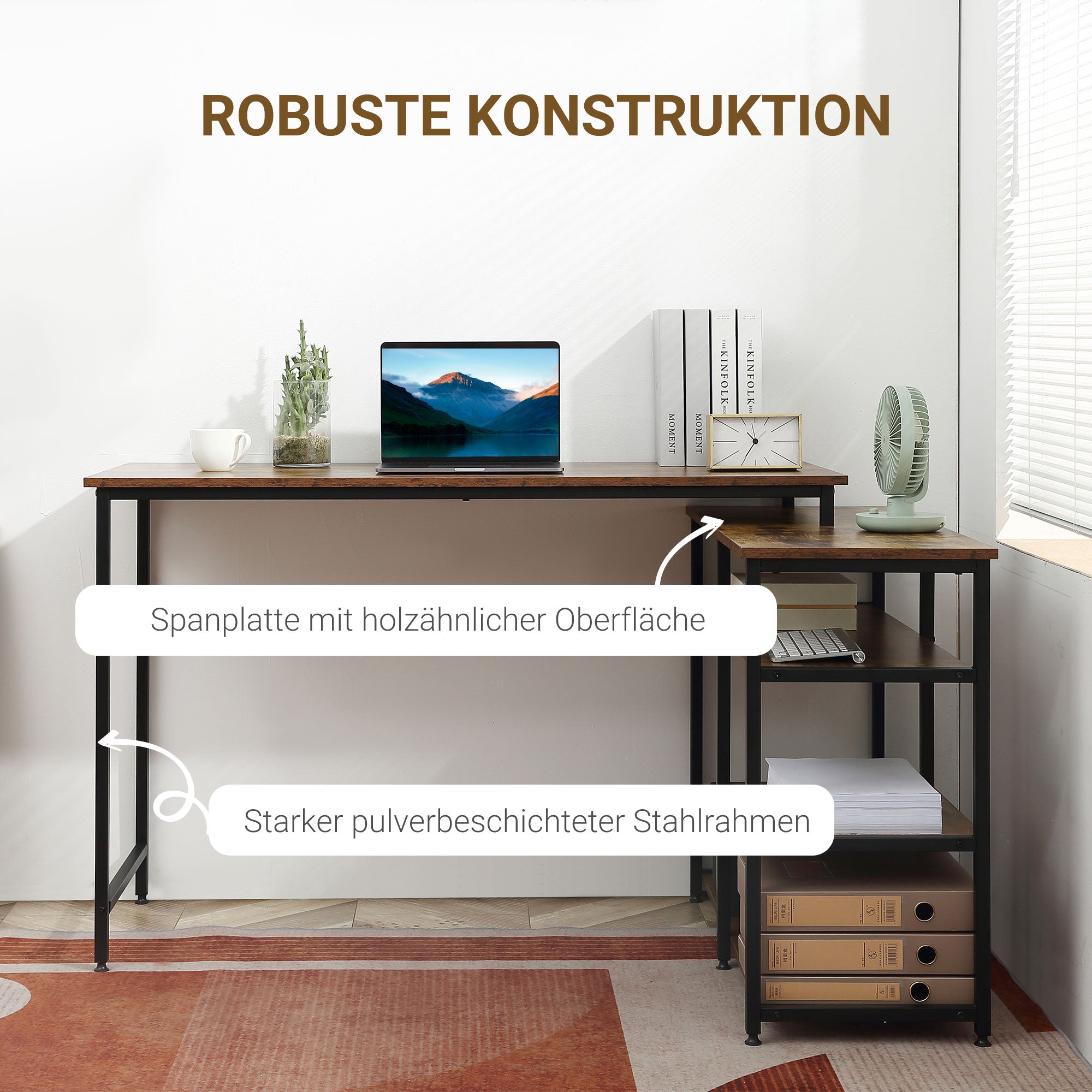 HOMCOM Eckschreibtisch Winkelschreibtisch PC-Tisch Computertisch Bürotisch Regal Schublade L-Form Spanplatte Metall Rustikales Braun 135 x 90 x 79 cm
