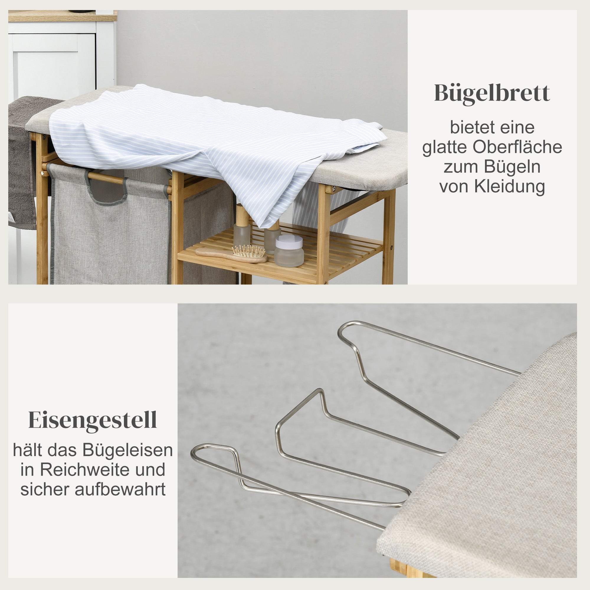HOMCOM Wäschesammler, multifunktional, Bügelbrett & Stoffsack 57L, Bambusgestell, 113x34x82cm, Natur/Grau