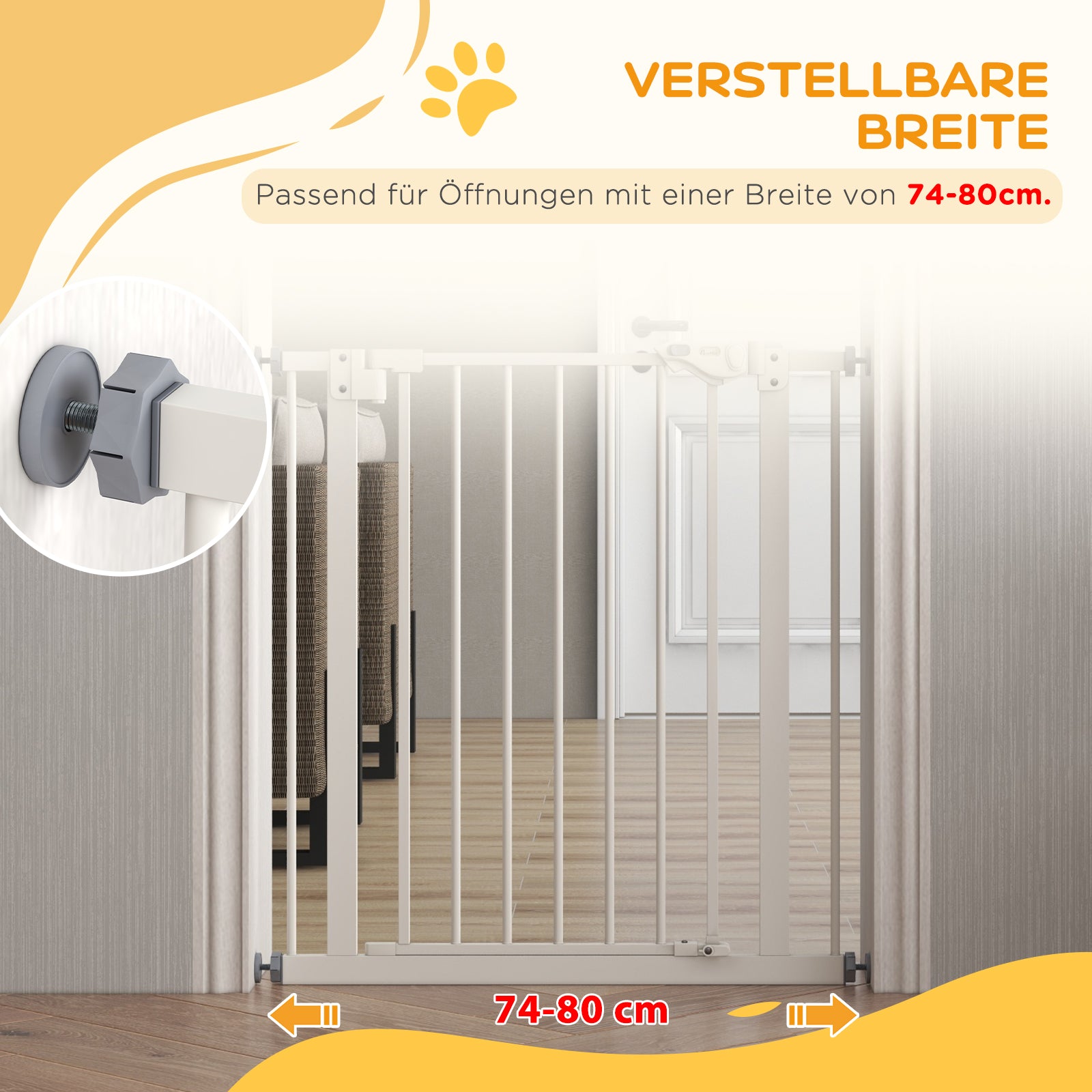 PawHut Türschutzgitter für Hunde, Absperrgitter, Schutzgitter für Haustiere, Metall, Kunststoff, 74-80 cm, Weiß