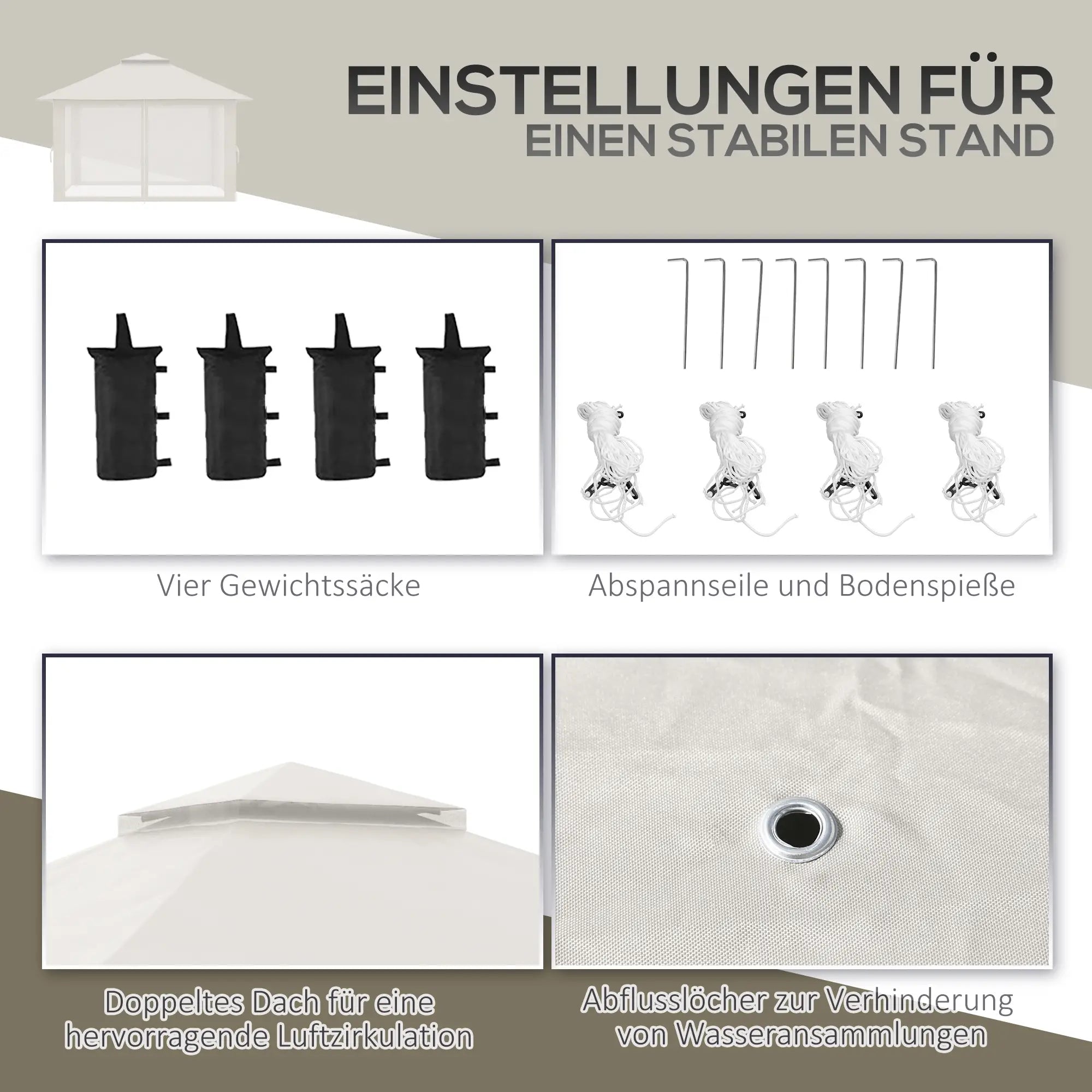 Outsunny Faltpavillon, höhenverstellbar, 4 Netzwände, Lüftungsdach, Tragetasche, Schnellaufbau, 4 x 4 x 3 m, Cremeweiß
