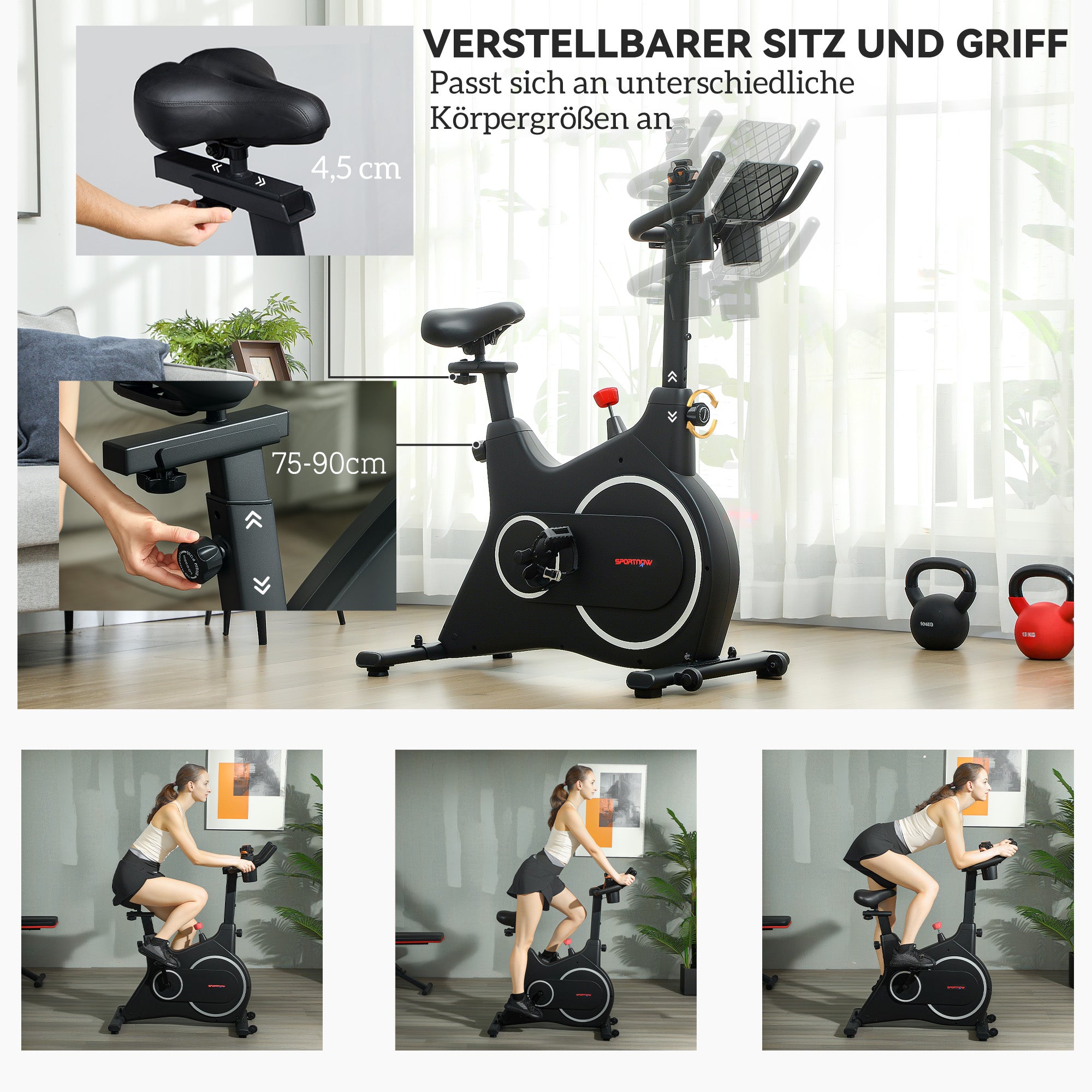 SPORTNOW Heimtrainer Fahrrad, Fitness-Bike mit LCD-Monitor, Tablet-Halter, Flaschenhalter, bequemer Sitz, kompakt, Schwarz