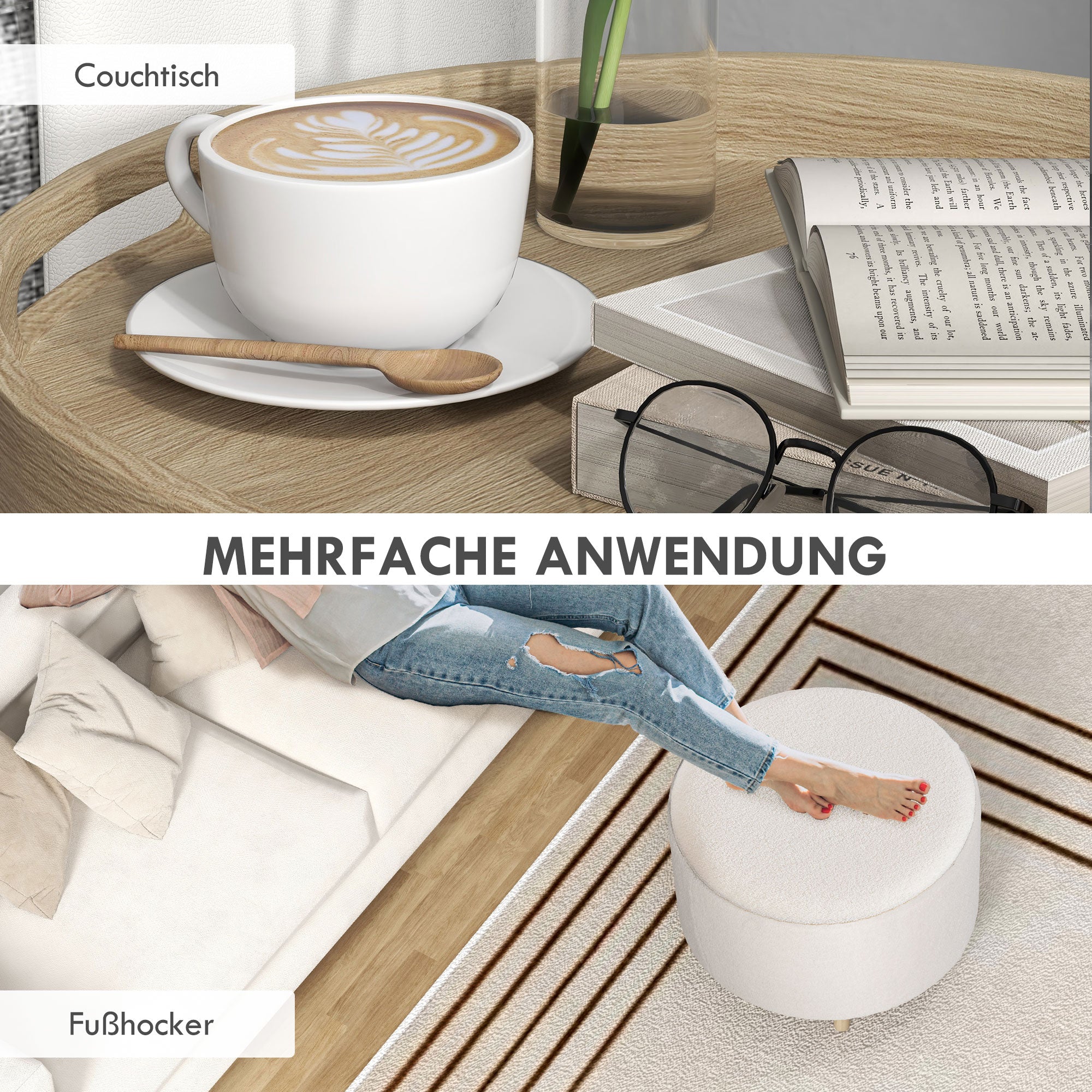 HOMCOM Hocker Polsterhocker, Teddyfleece, versteckter Stauraum, umkehrbarer Deckel, 56 cm x 56 cm x 42 cm, Weiß