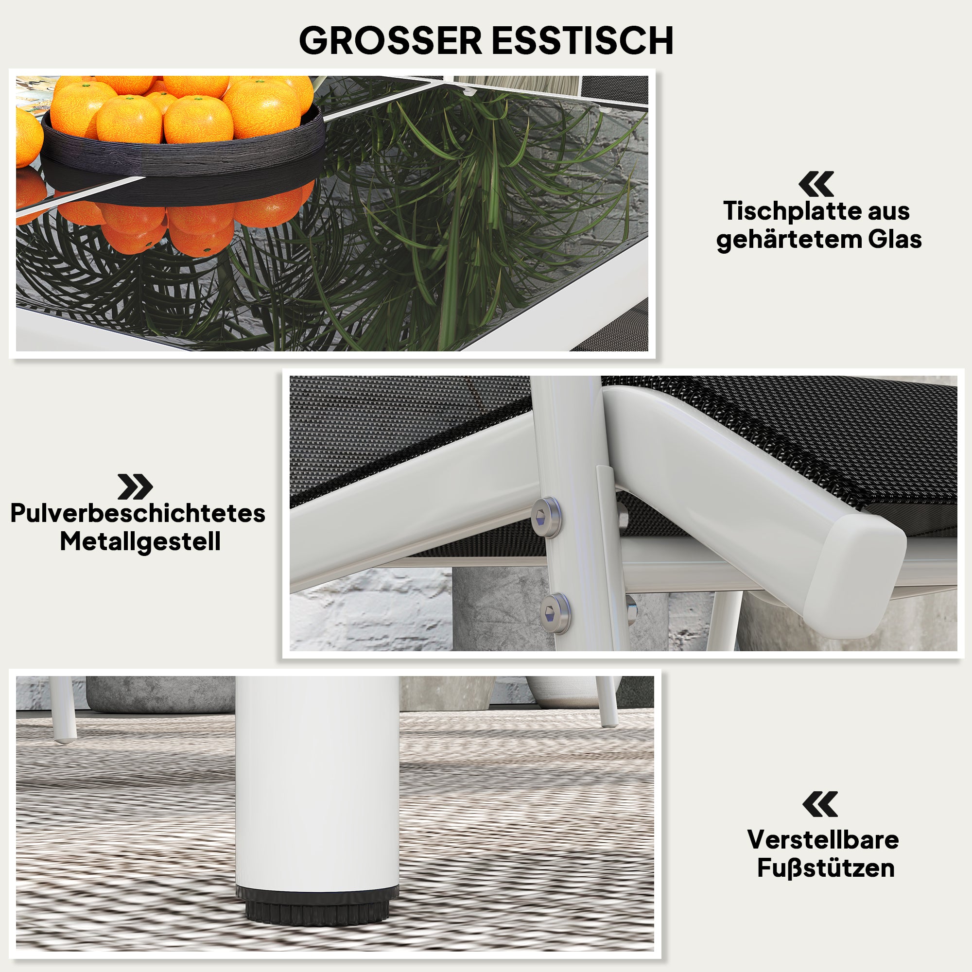 Outsunny Sitzgruppe 7-teilig Essgruppe für 6 Personen Esstisch mit 6 stapelbar Stühlen Glastisch Schwarz