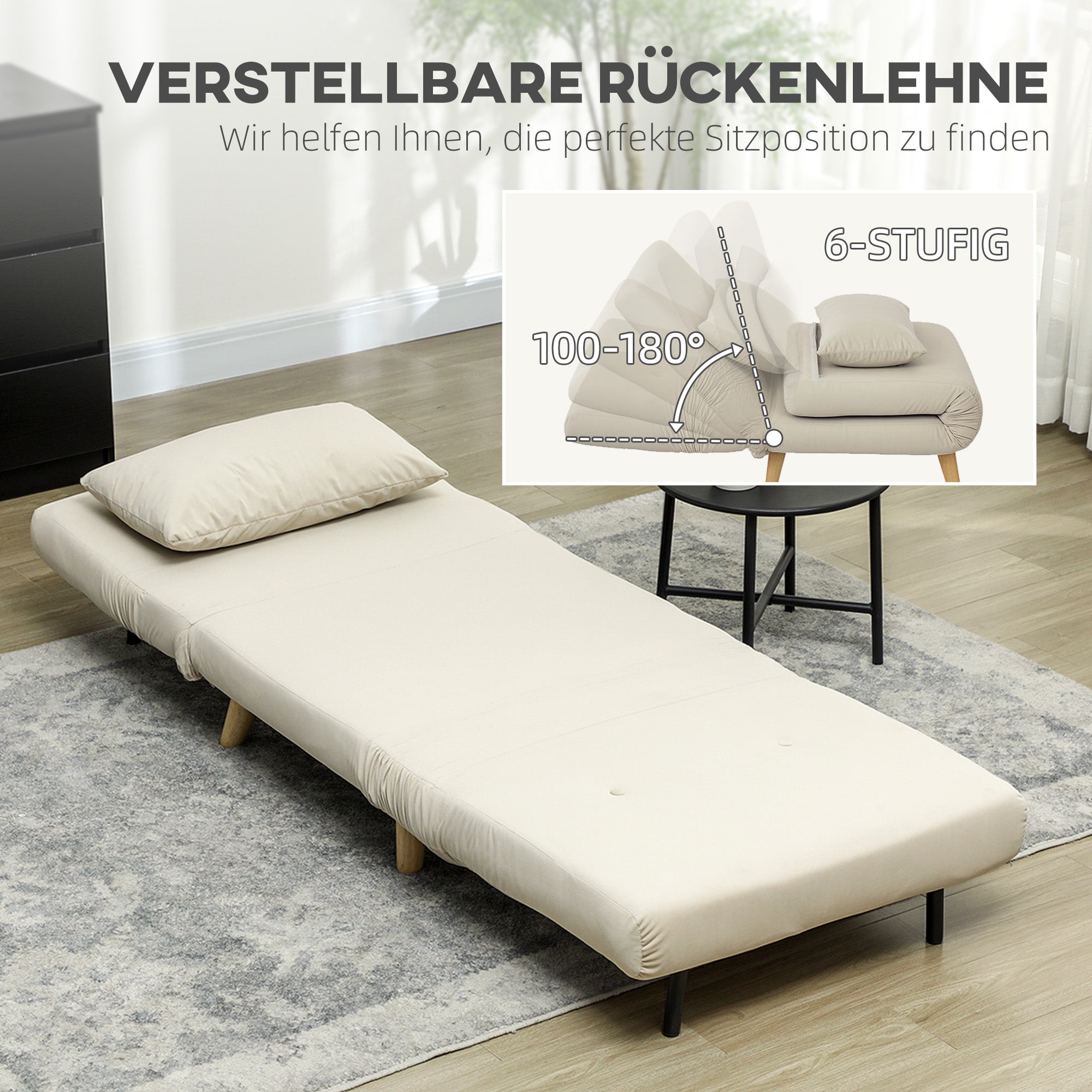 HOMCOM Klappsessel mit Bettfunktion, Klappbarer Relaxsessel in Samtoptik, Verstellbare Lehne, bis 120 kg belastbar, Beige