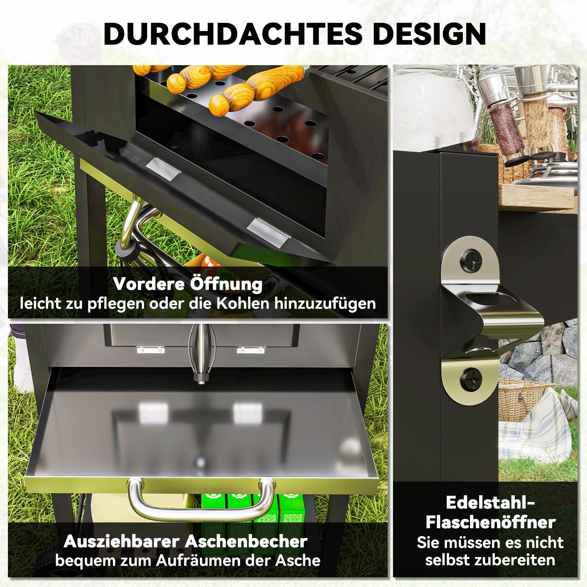 Outsunny Holzkohlegrill, höhenverstellbare Kohlenpfanne, Grillwagen, Regale, Thermometer, Flaschenöffner, Stahl, Holz, Schwarz