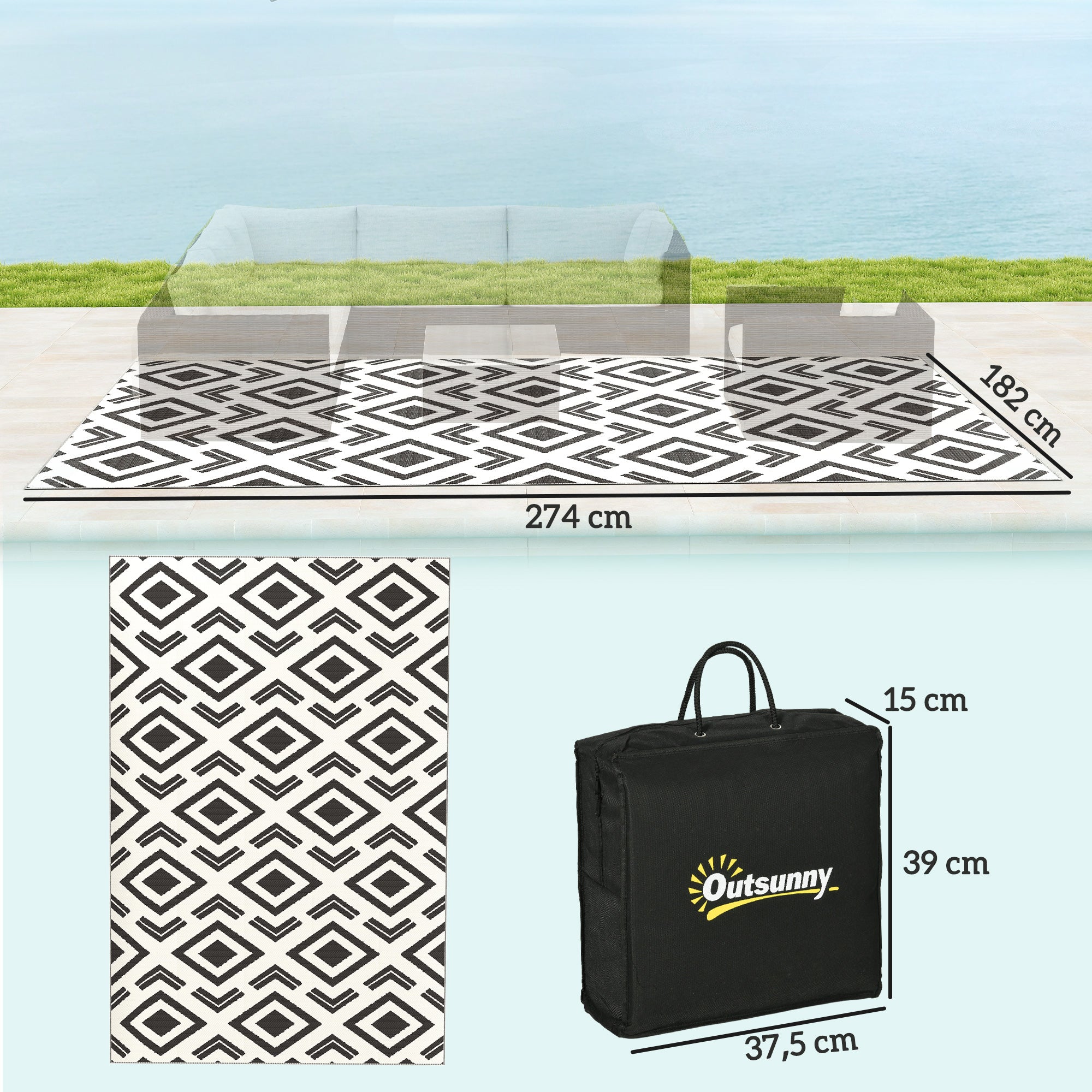 Outsunny Outdoor Teppich robuster Wetterfest Outdoorteppich mit Tragtasche, faltbar Carpet Boho-Style 182 x 274 cm Schwarz+Weiß
