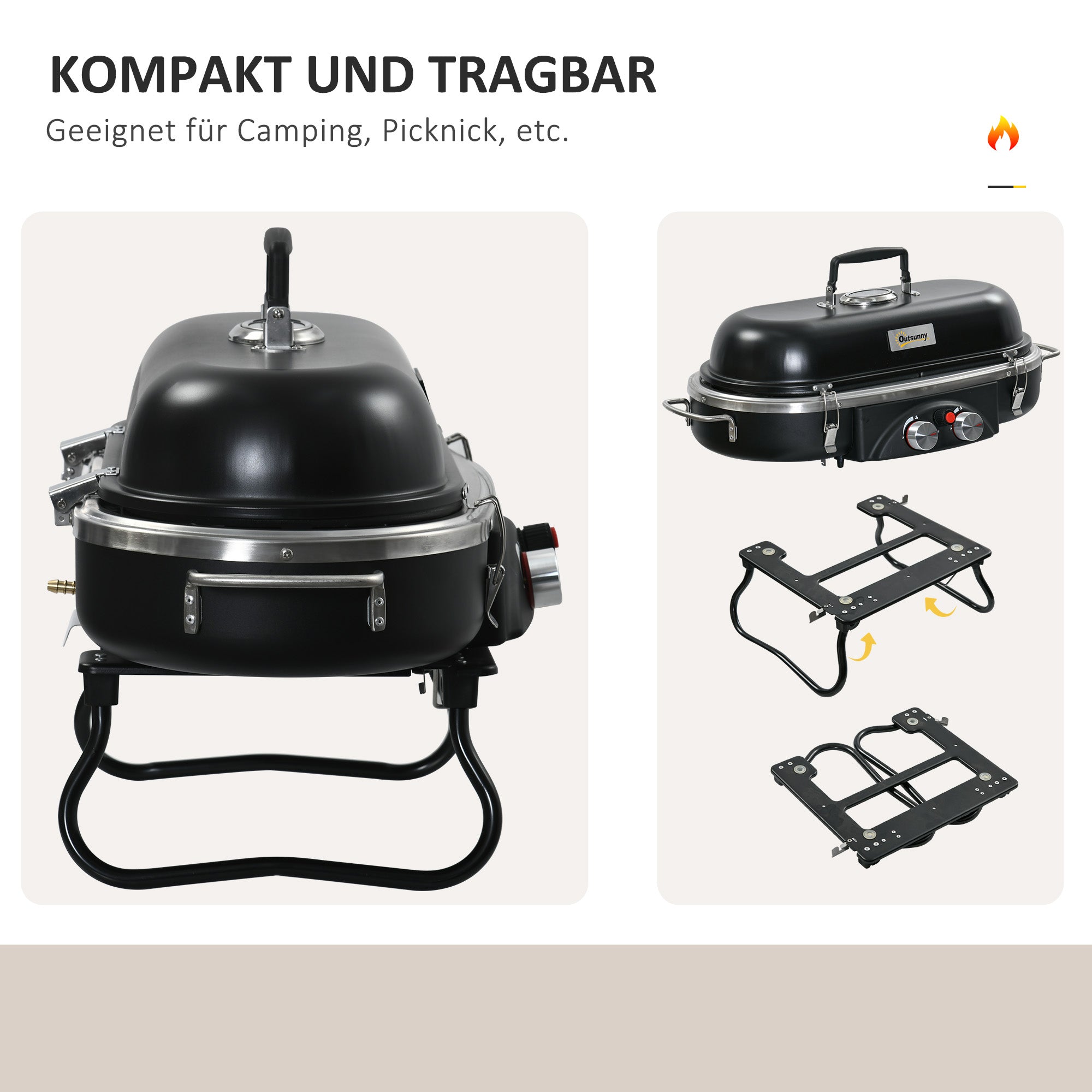 Outsunny Gasgrill 2,34 KW Klappbar BBQ Gartengrill inkl 2 Edelstahl-Brenner Druckminderer 66 x 34,5 x 37 cm Schwarz
