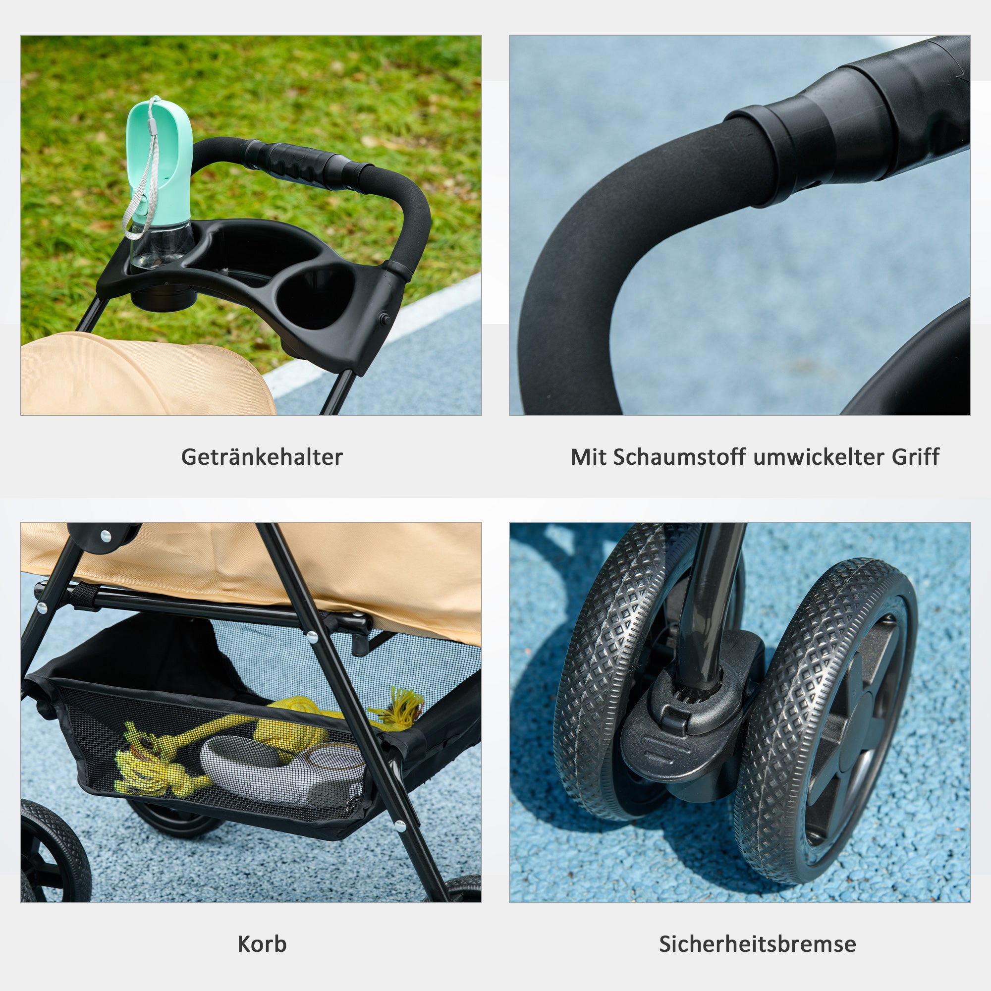 PawHut Hundewagen Hundebuggy, klappbar, 2 Sicherheitsleinen, 2 Becherhalter, 67 x 45 x 96 cm, Khaki