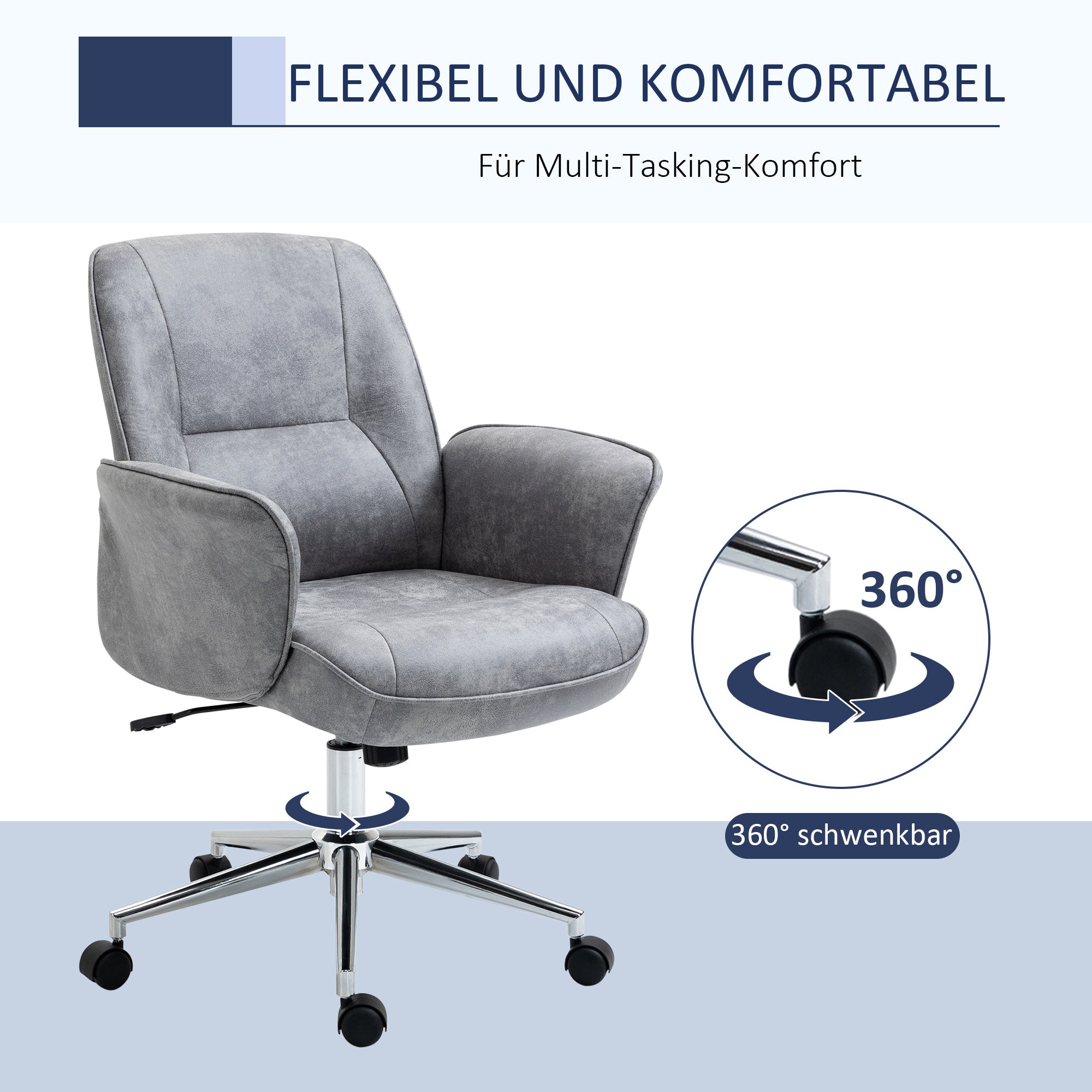 Vinsetto Bürostuhl mit Wippfunktion Schreibtischstuhl höhenverstellbarer Drehstuhl ergonomischer Arbeitsstuhl modern Belastbar bis 120 kg Mikrofaser Hellgrau 67 x 69 x 92-102 cm