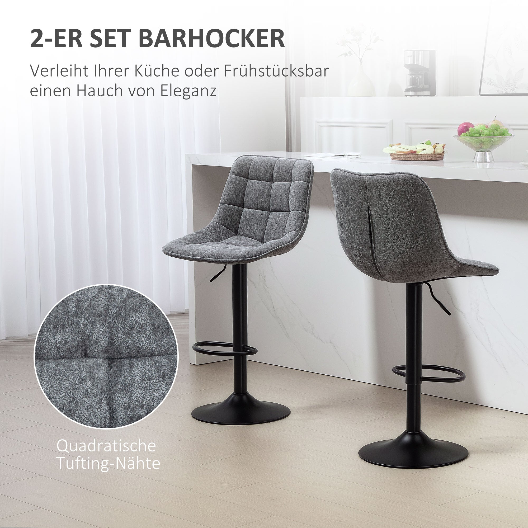 HOMCOM Moderner Barhocker, 2er-Set drehbare Barstühle mit Rückenlehne, höhenverstellbar, mit Fußstütze, gepolstert, Dunkelgrau