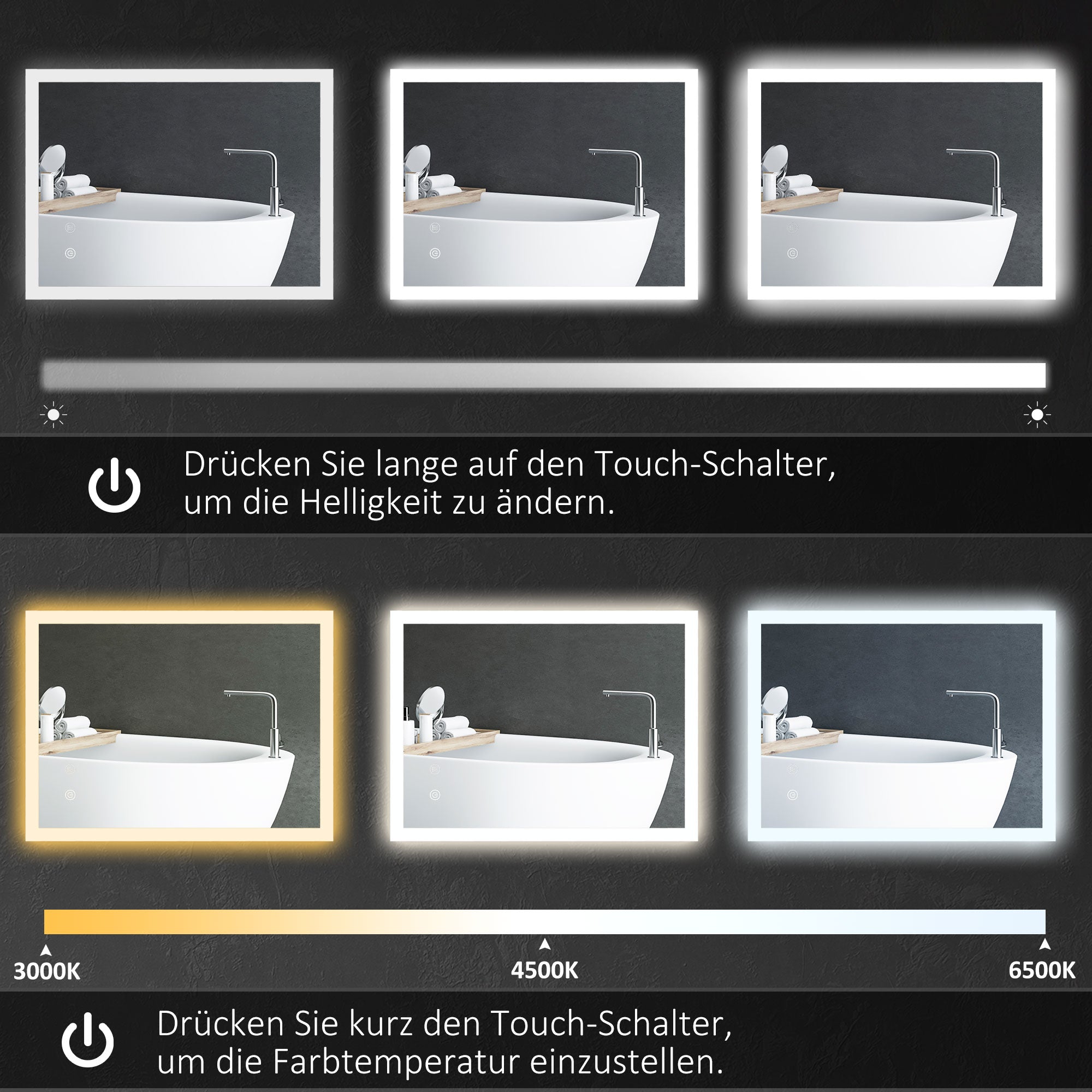 kleankin LED Badezimmerspiegel, Hintergrundbeleuchtung, Touch-Funktion, Memory-Funktion, kein Beschlagen, 70 x 50 cm