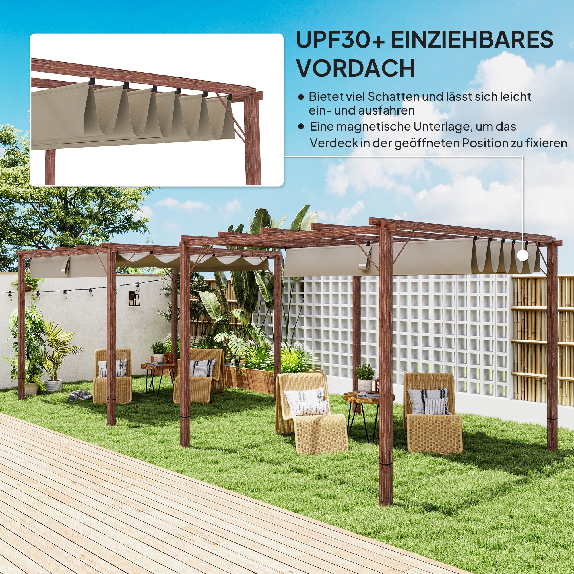 Outsunny 3 x 3 m Garten-Pergola, Verstellbares Terrassendach, Aluminium-Rahmen, UPF30+ Sonnenschutz, Naturholz