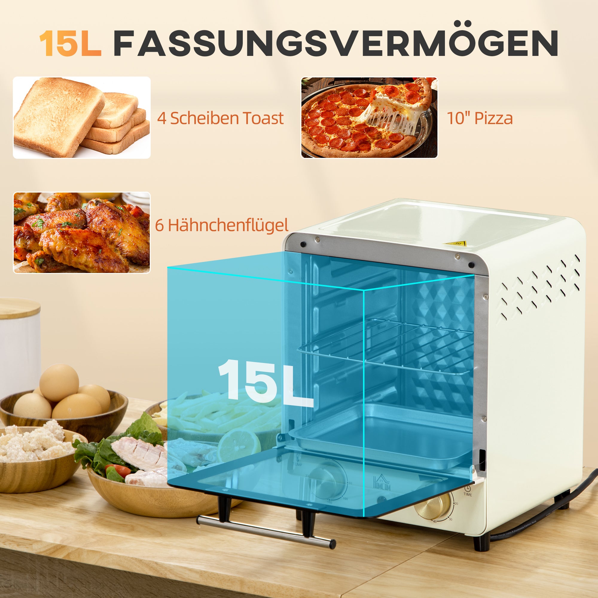 HOMCOM Mini Ofen 15L Fassungsvermögen, höhenverstellbares Backblech und Gitterrost, 1000W, Cremeweiß