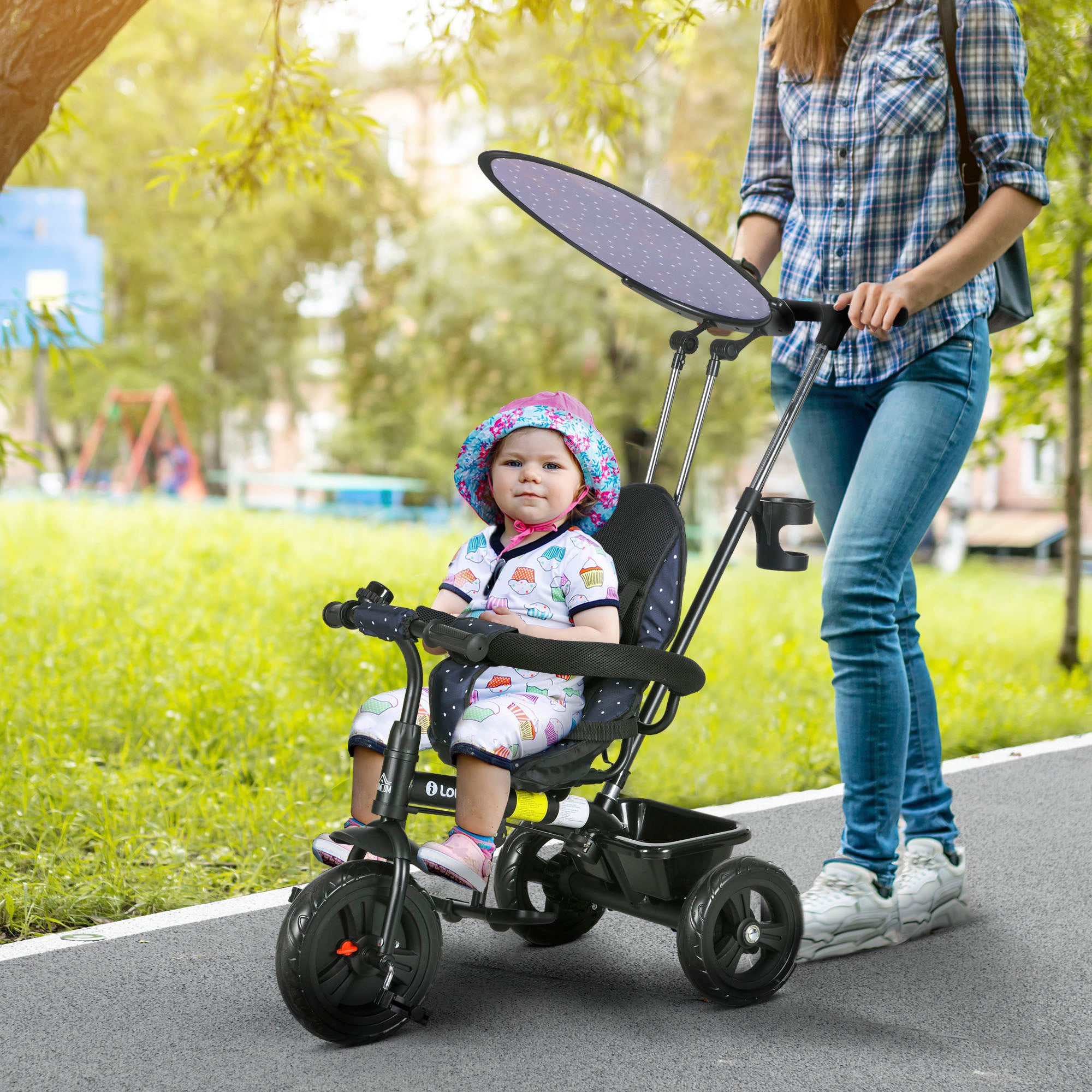 HOMCOM 6-in-1 Kinderdreirad mit Schiebestange, Dach, Gurt, Ablagekorb, für 1-5 Jahre, Dunkelblau