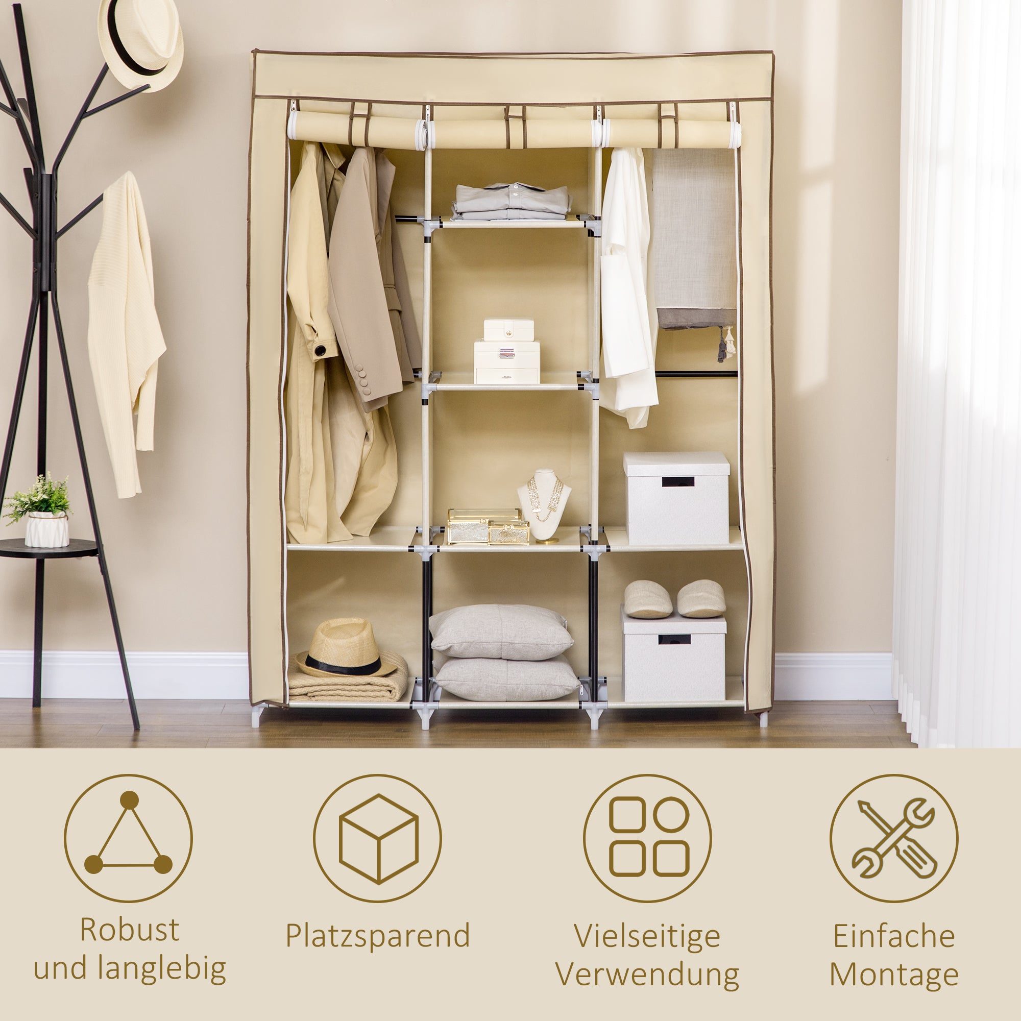HOMCOM Schrank aus Stoff, Aufbewahrungslösung, 8 Regale, 2 Kleiderstangen, Beige