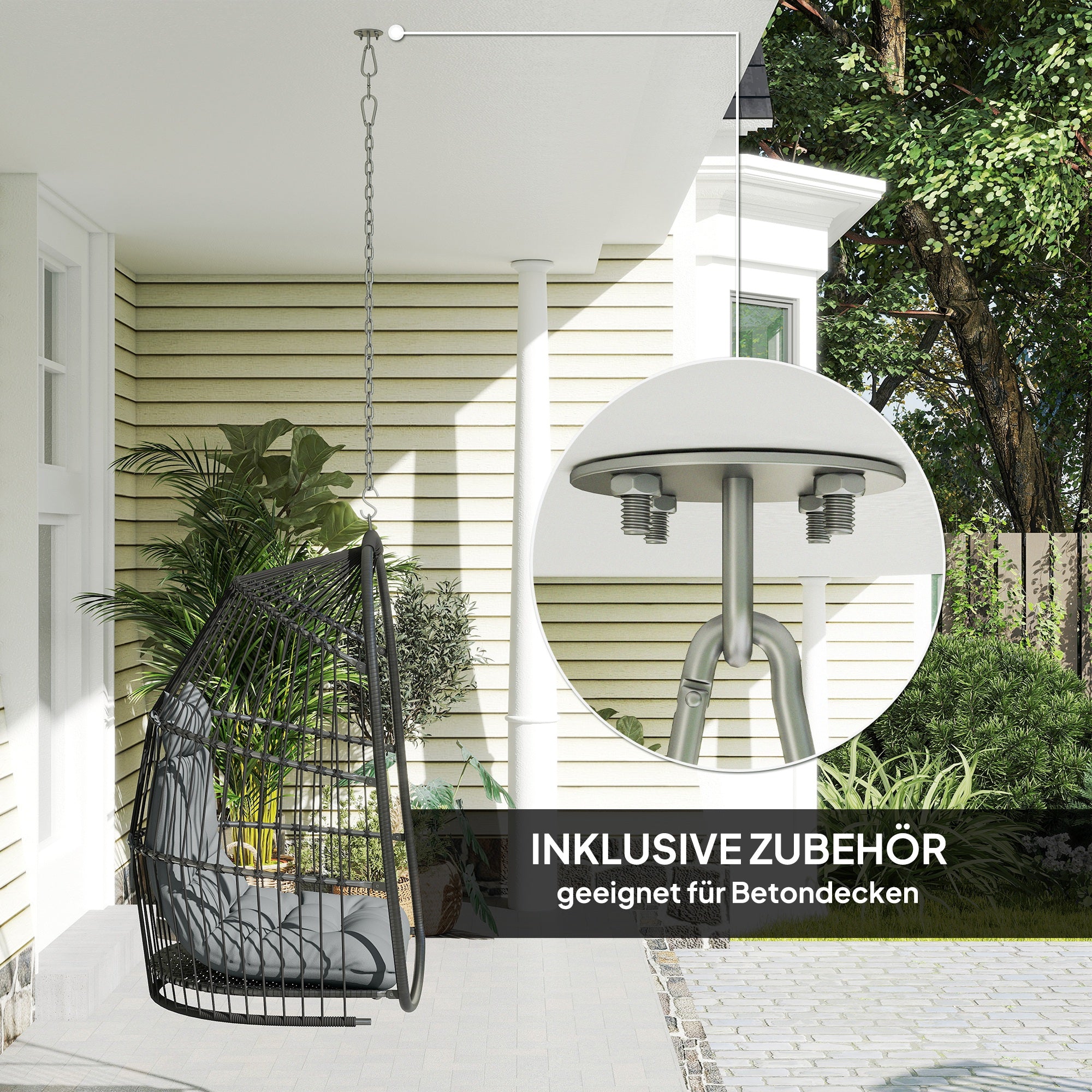 Outsunny Hängesessel Hängekorb mit Kissen Polyrattan Schaukel Outdoor Indoor faltbar belastbar bis 150kg Dunkelgrau