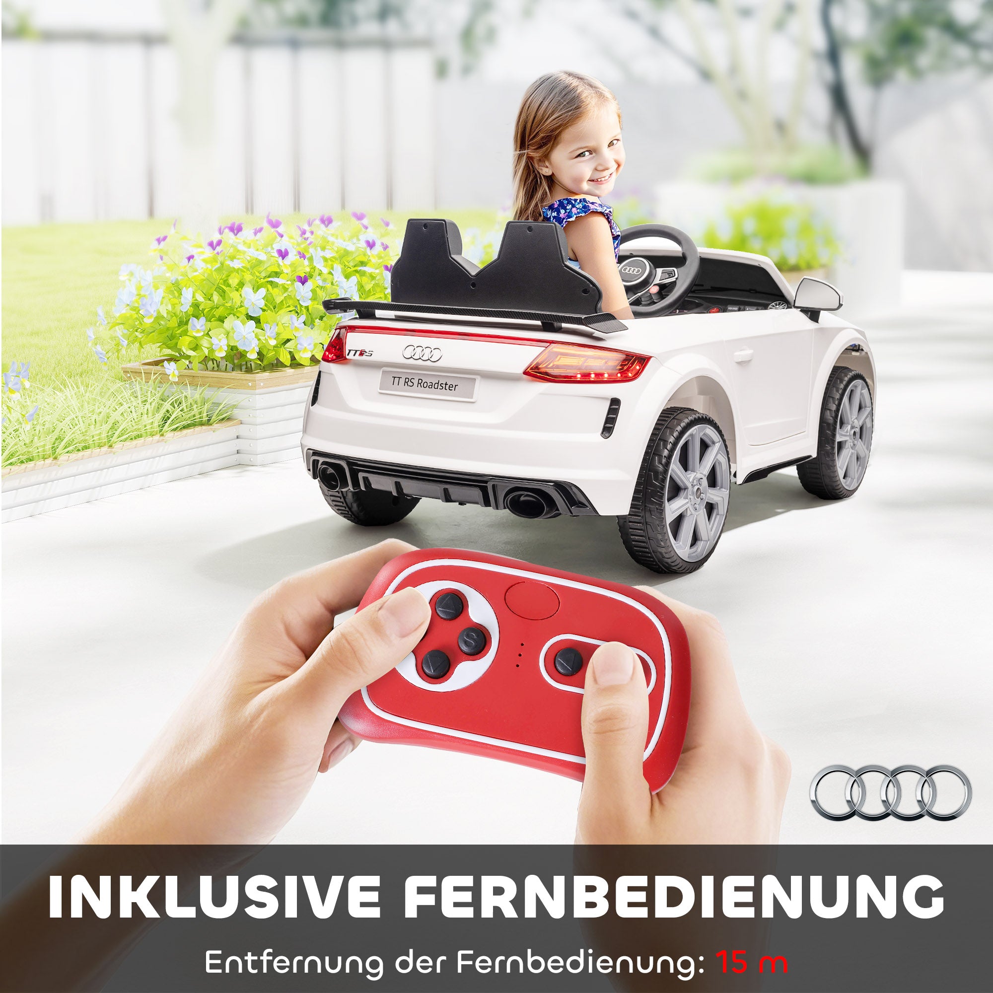 HOMCOM Kinder-Elektroauto, Audi TT RS Roadster, 3 km/h, Fernbedienung, LED, USB, Weiß