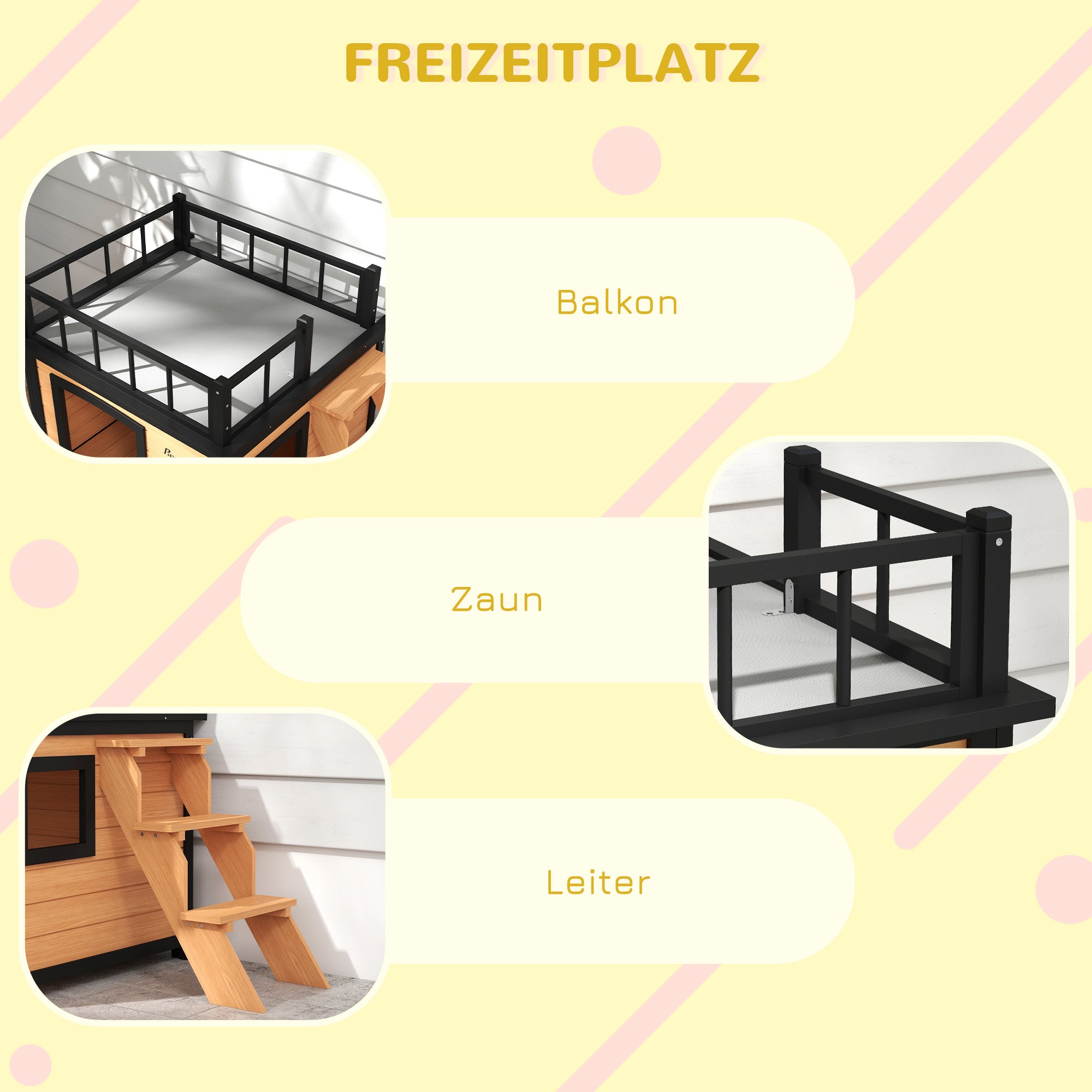 PawHut Hundehütte mit Dachterrasse, wetterfest, Holz, 121x77x78cm, Schwarz/Gelb