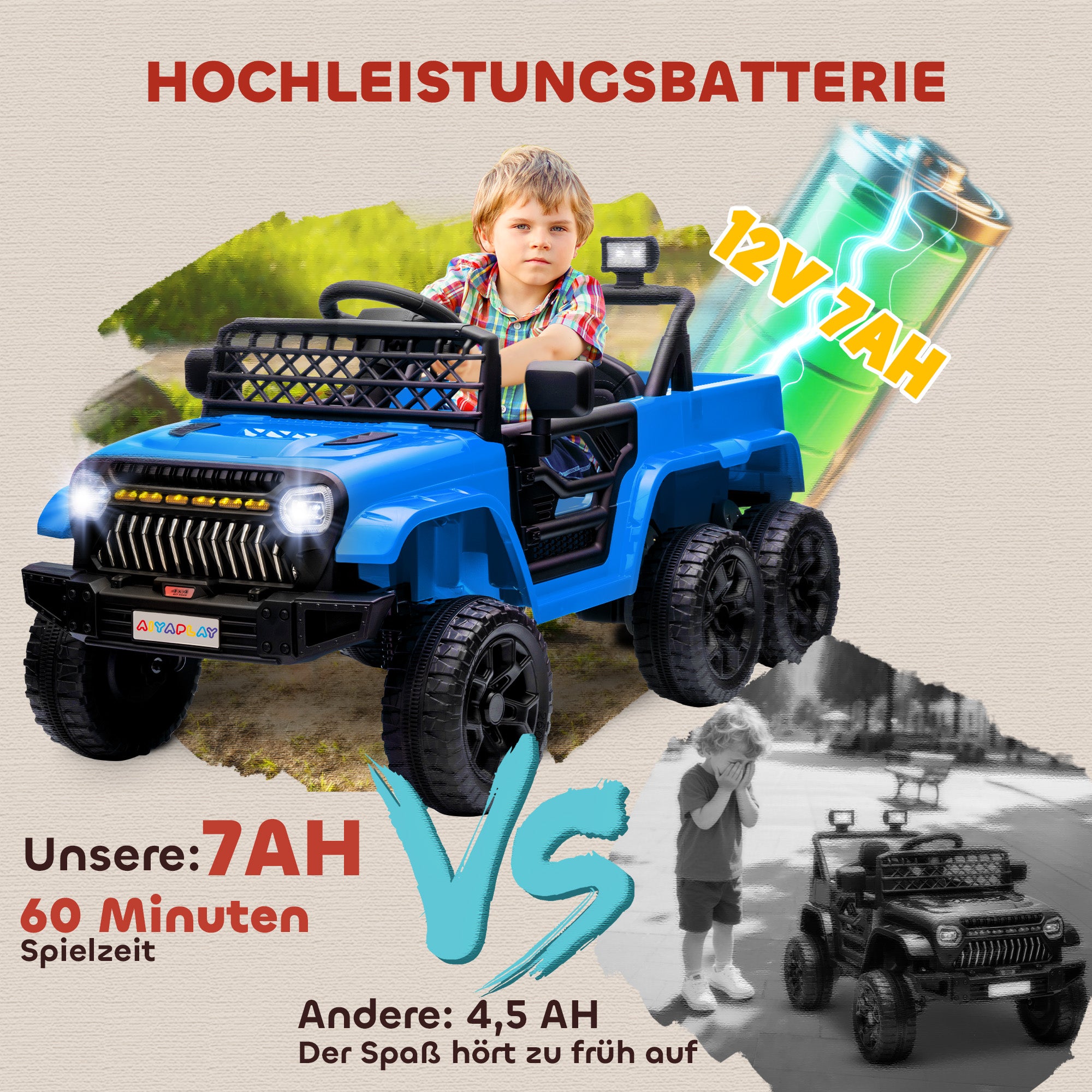 AIYAPLAY 12V Elektrisches Kinderauto, mit Anhänger, LED-Lichtern, Musik und Hupe, für Kinder im Alter von 3-8 Jahren, Hellblau