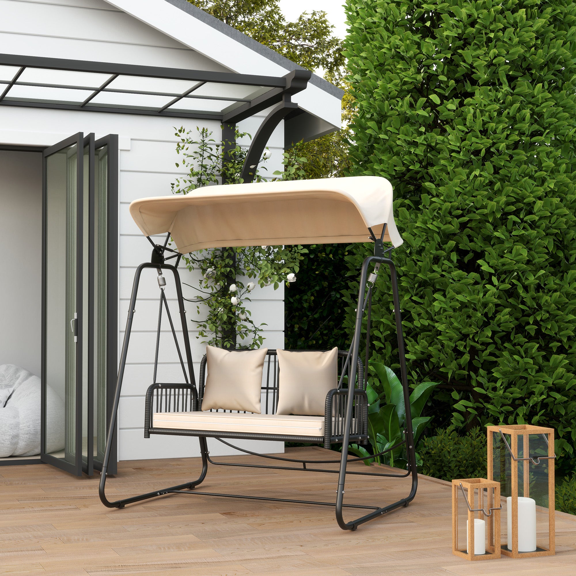 Outsunny Hollywoodschaukel Rattan 2-Sitzer Gartenschaukel mit Sonnendach Kissen bis 240 kg 149 x 121 x 180 cm Khaki