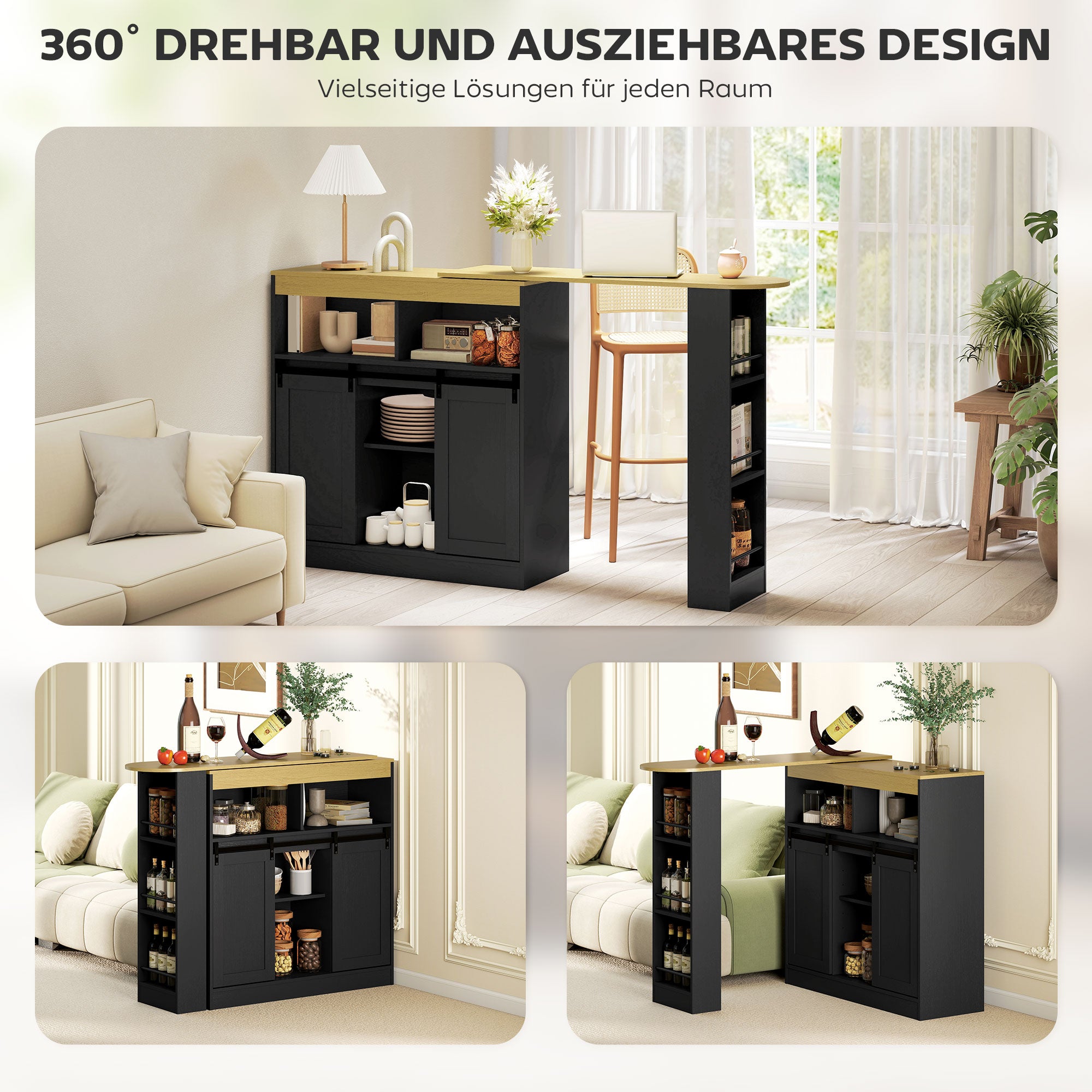 HOMCOM Ausziehbarer Bartisch, zu L-Form umwandelbar, viel Stauraum, 3 verstellbare Regale, Spanplatte, MDF, Schwarz