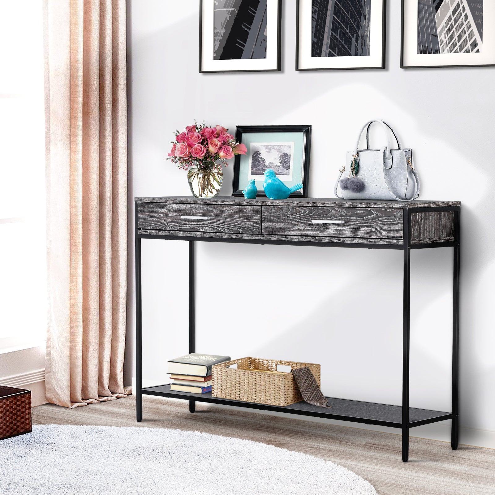 HOMCOM Konsolentisch Eingangstisch Beistelltisch 2 Schubladen Unterregal Stahl Grau 120 x 30 x 81,5 cm
