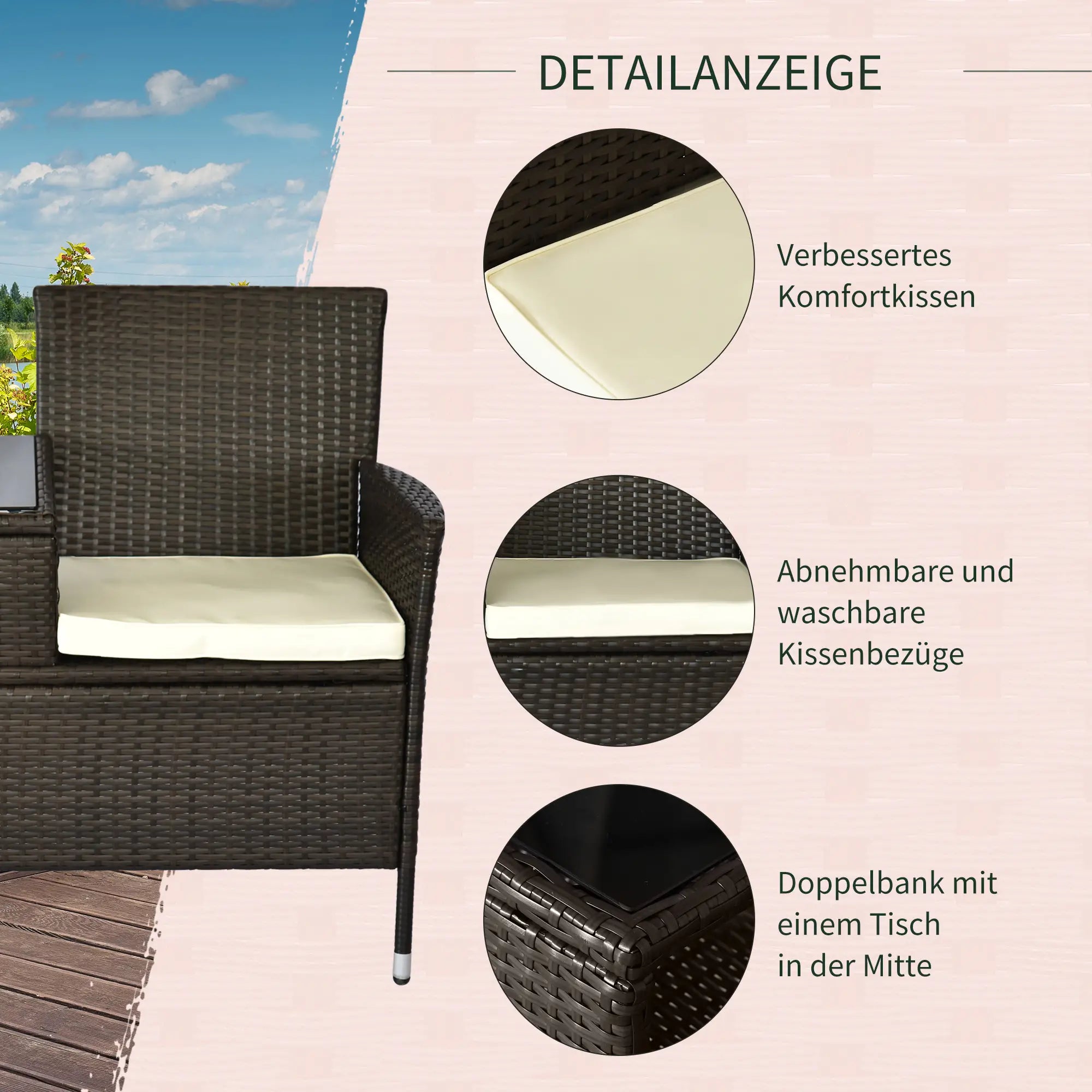 Outsunny Gartenbank 2-Sitzer mit Tisch Polyrattan Outdoor