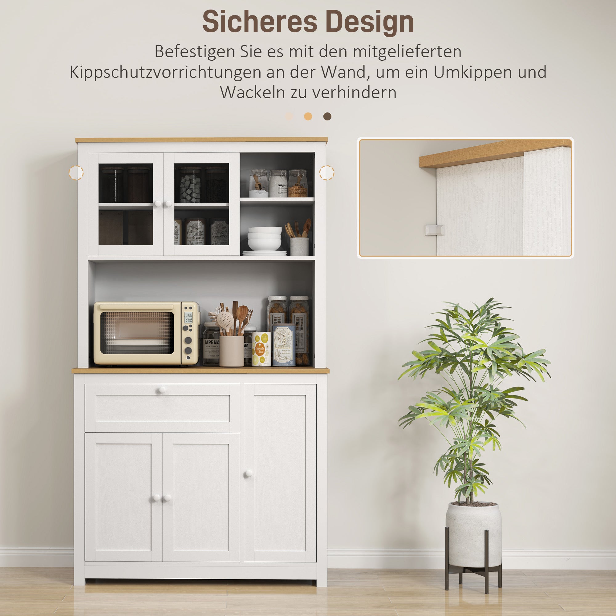 HOMCOM Küchenschrank im Landhausstil, 1 Vitrine, 1 offenes Regal, 1 Schublade, 2 Schränke, Natur + Weiß