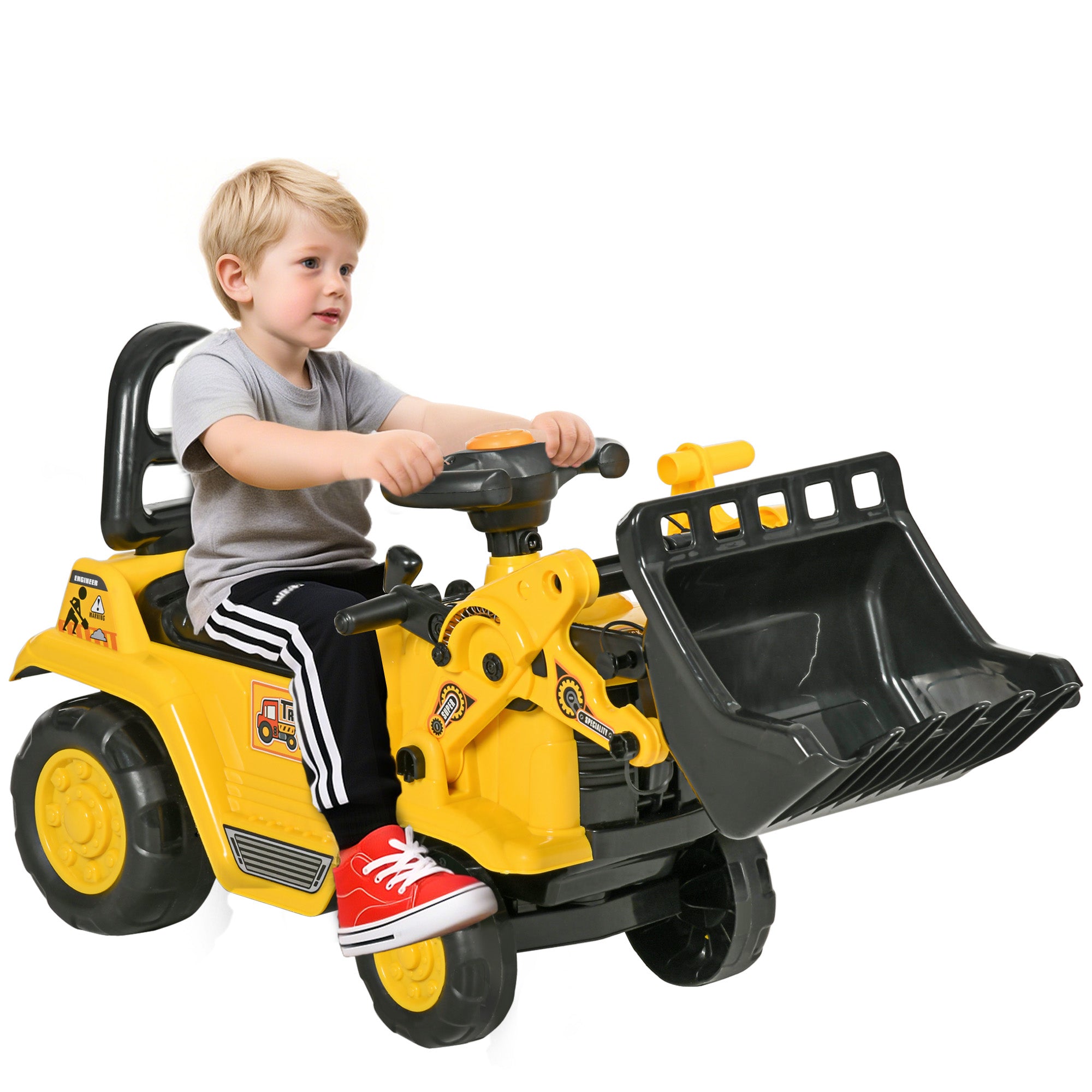 HOMCOM Sitzbagger mit eingebautem Ablagefach Kinder Rutschauto Traktor Kinderbagger mit Hupe Rutscher Bagger Rutscherfahrzeug Laufrad Gelb+Schwarz 80 x 26,5 x 39 cm