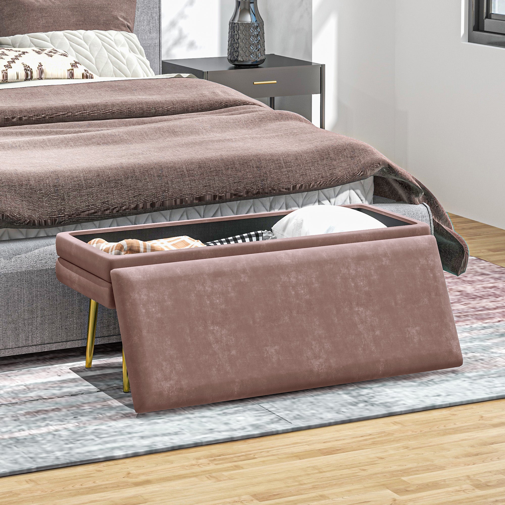 HOMCOM Sitzbank Polsterbank, mit Stauraum, Stahl, 100 x 37,5 x 42 cm, Rosa