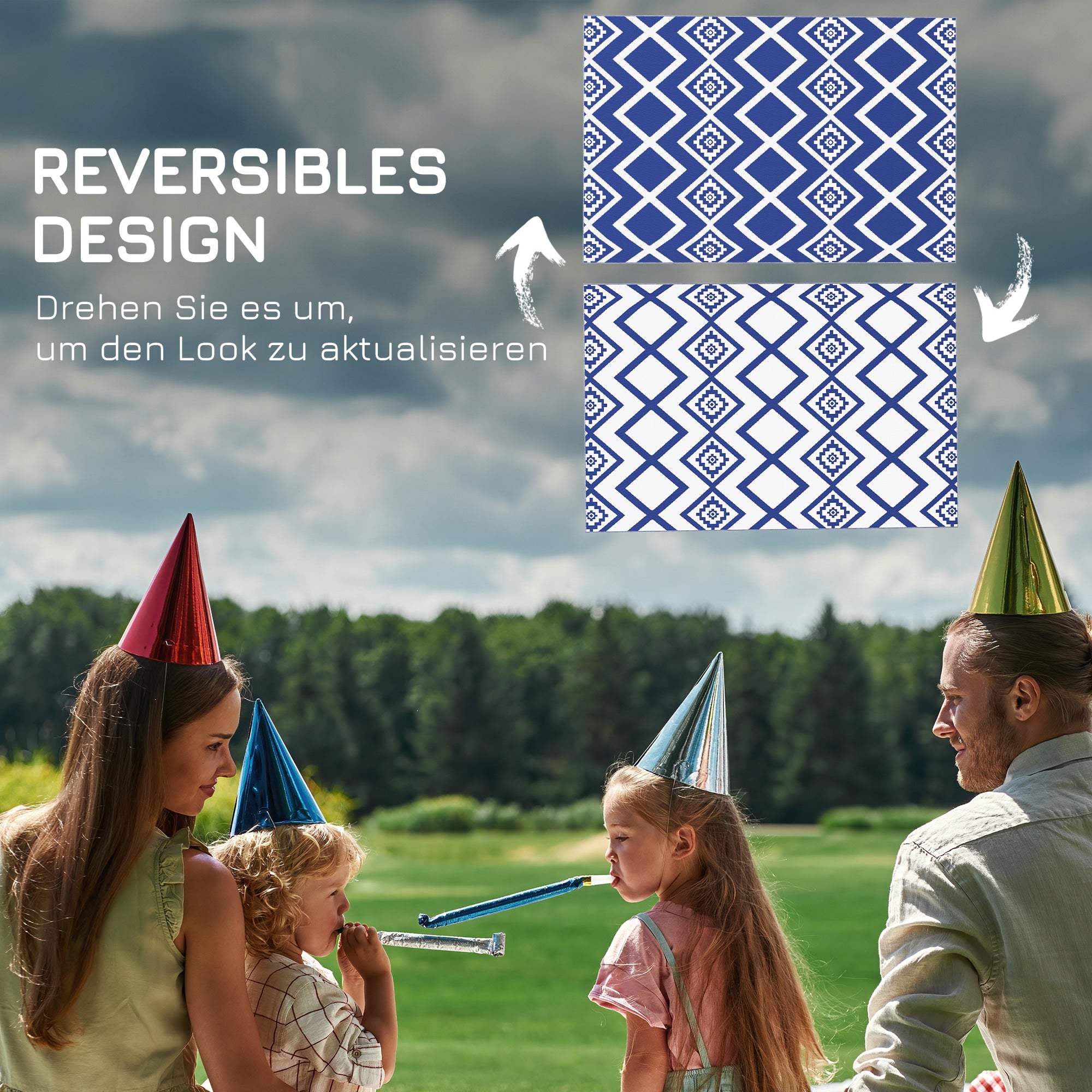 Outsunny Outdoorteppich Terrassenteppich, wetterbeständig, modernes Design, 182 cm x 274 cm x 0,3 cm, Blau + Weiß