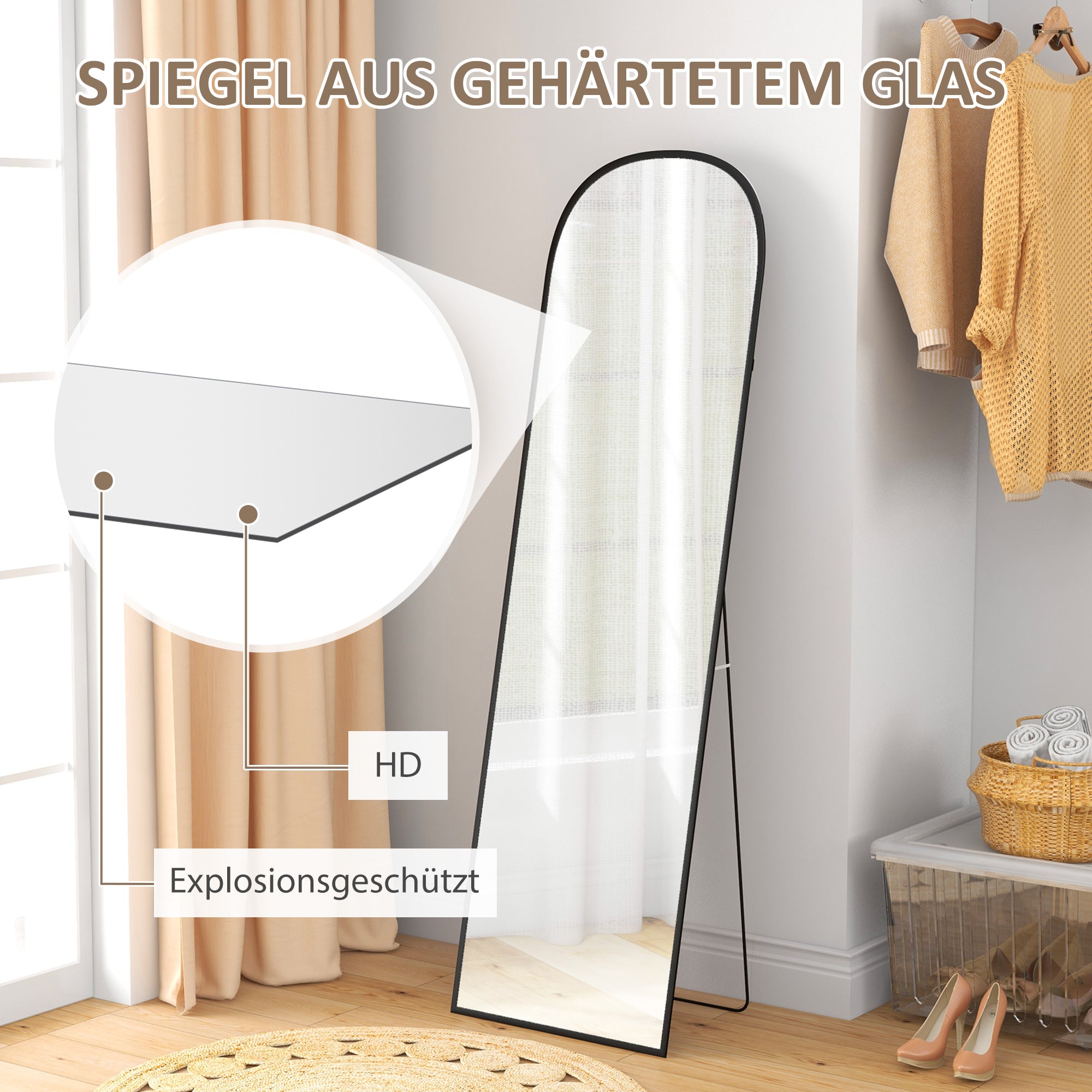 HOMCOM Standspiegel, Ganzkörperspiegel, modernes Design, 50 cm x 1,5 cm x 161,5 cm, Schwarz