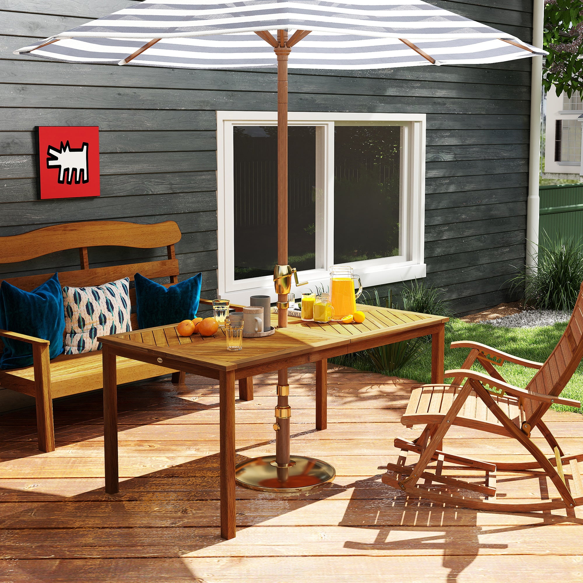 Outsunny Gartentisch 150x85cm, Wetterfest Balkontisch aus Holz, 6 Personen mit Schirmloch, Lamellendesign Naturholz