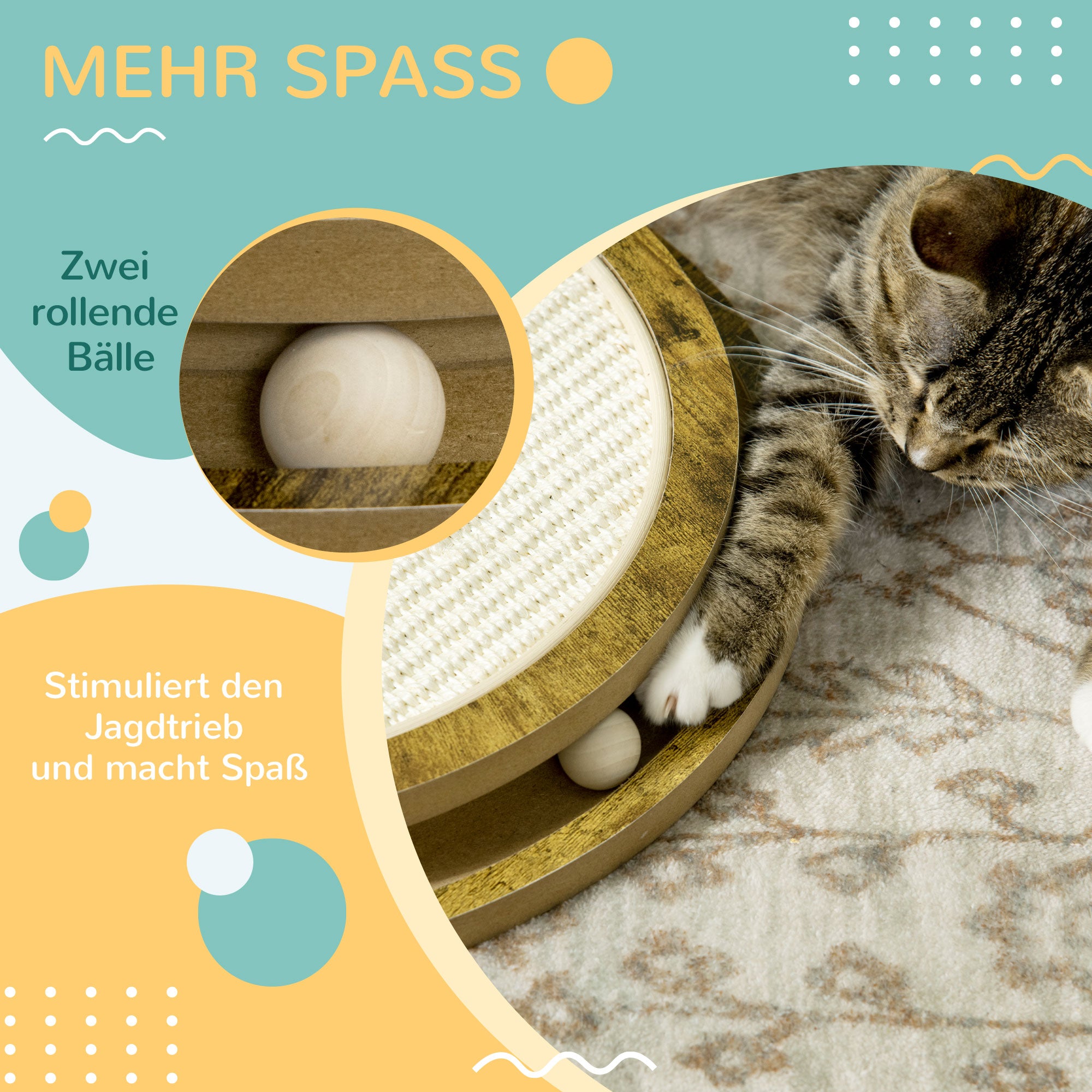 PawHut Kratzbrett inkl. Spielzeug, Kratzmatte, Katzenspielzeug, 40 cm x 40 cm x 4,5 cm, Natur