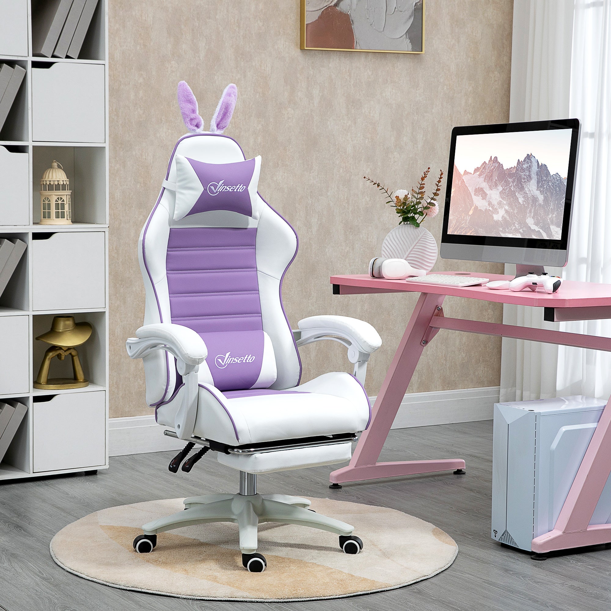 Vinsetto Gaming Stuhl Ergonomischer Gamer Stuhl mit Lendenwirbelstütze, Fußstütze Hasenohren Kopfkissen Violett