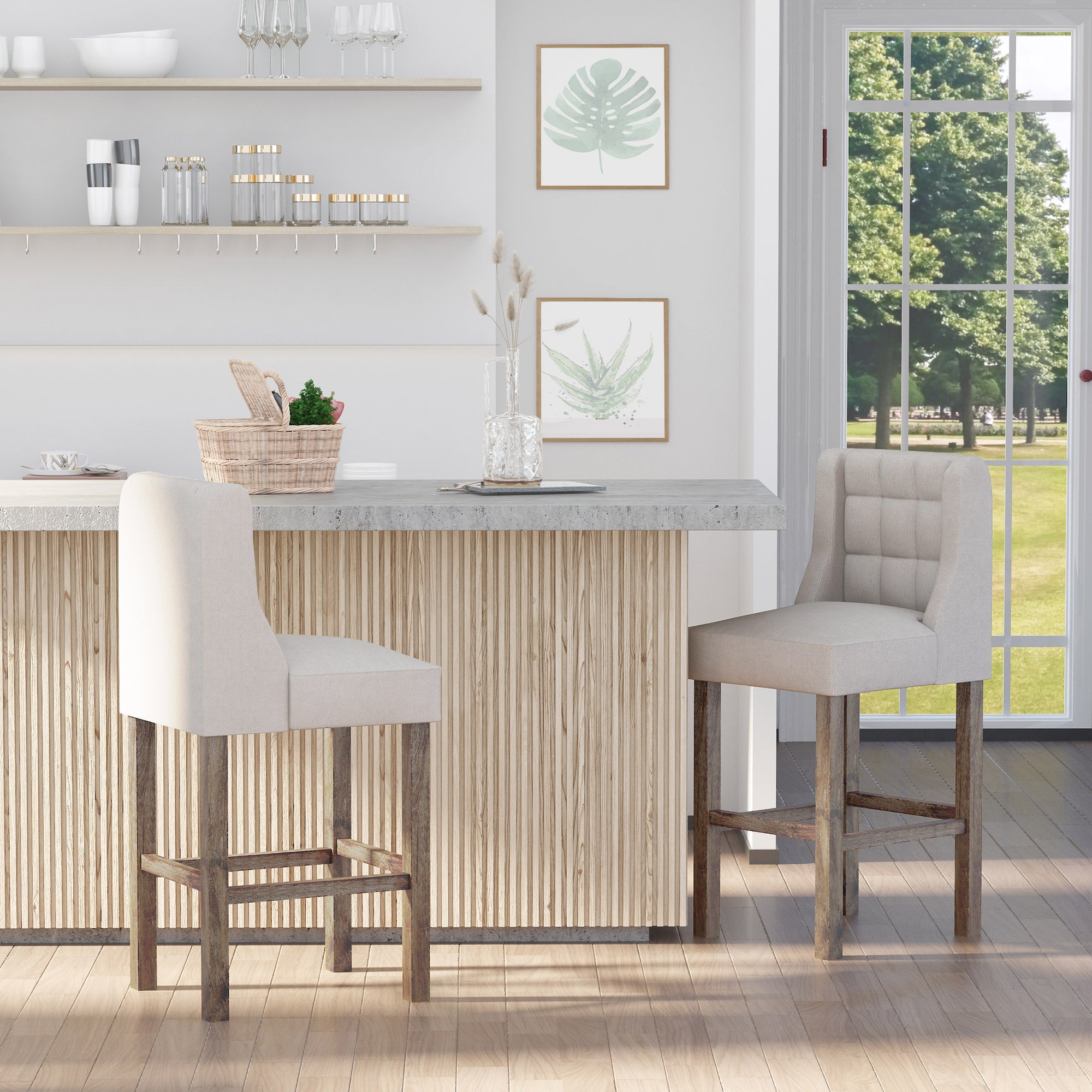 HOMCOM 2er-Set Barhocker mit lehne Barstühle mit Knopfheftung, Massivholz, inkl. Fußstütze, 47 cm x 50 cm x 101 cm, Grau + Natur