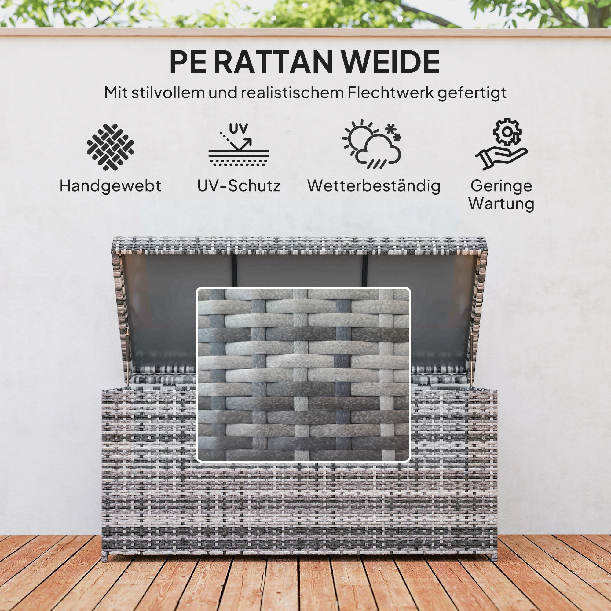 Outsunny Rattan Auflagenbox 380L wetterfest Kissenbox mit Deckel Stauraum UV-beständig 130 x 61 x 65 cm Dunkelgrau