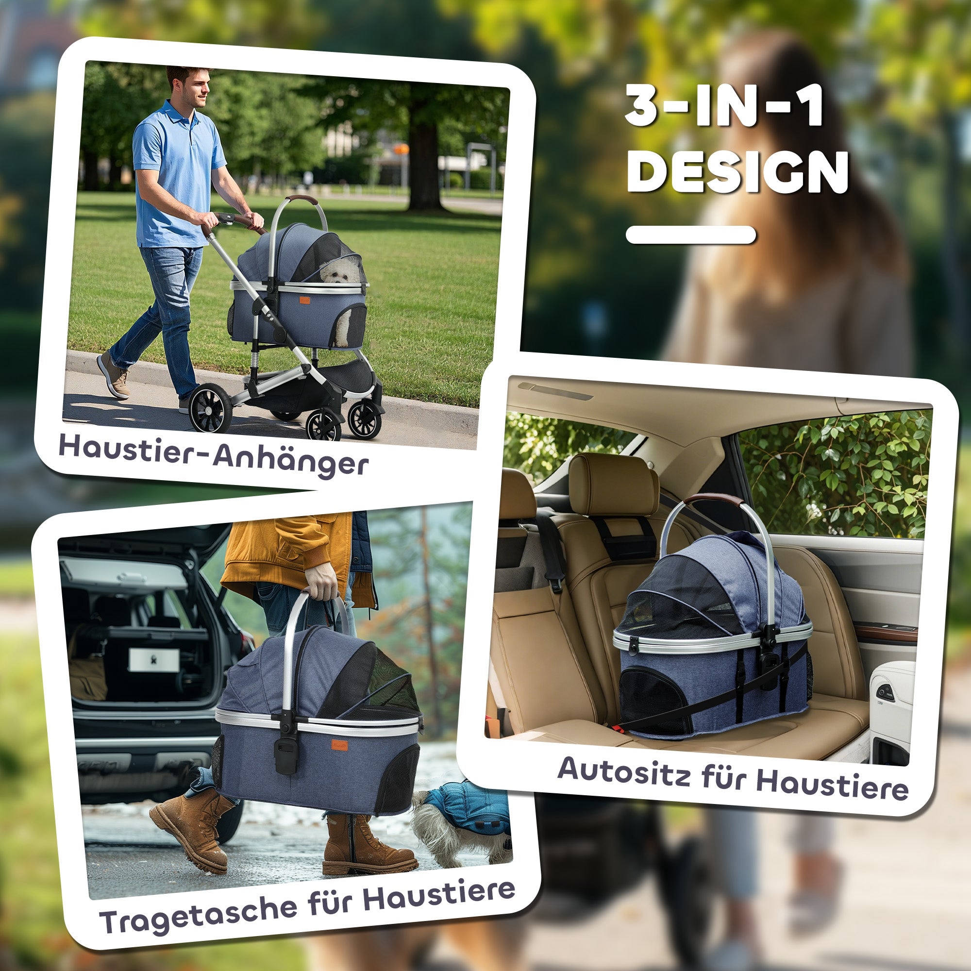 PawHut Hundewagen 3 in 1 Hundebuggy klappbar für Katzen bis 10 kg Katzenbuggy mit Kissen Becherhalter Dunkelblau